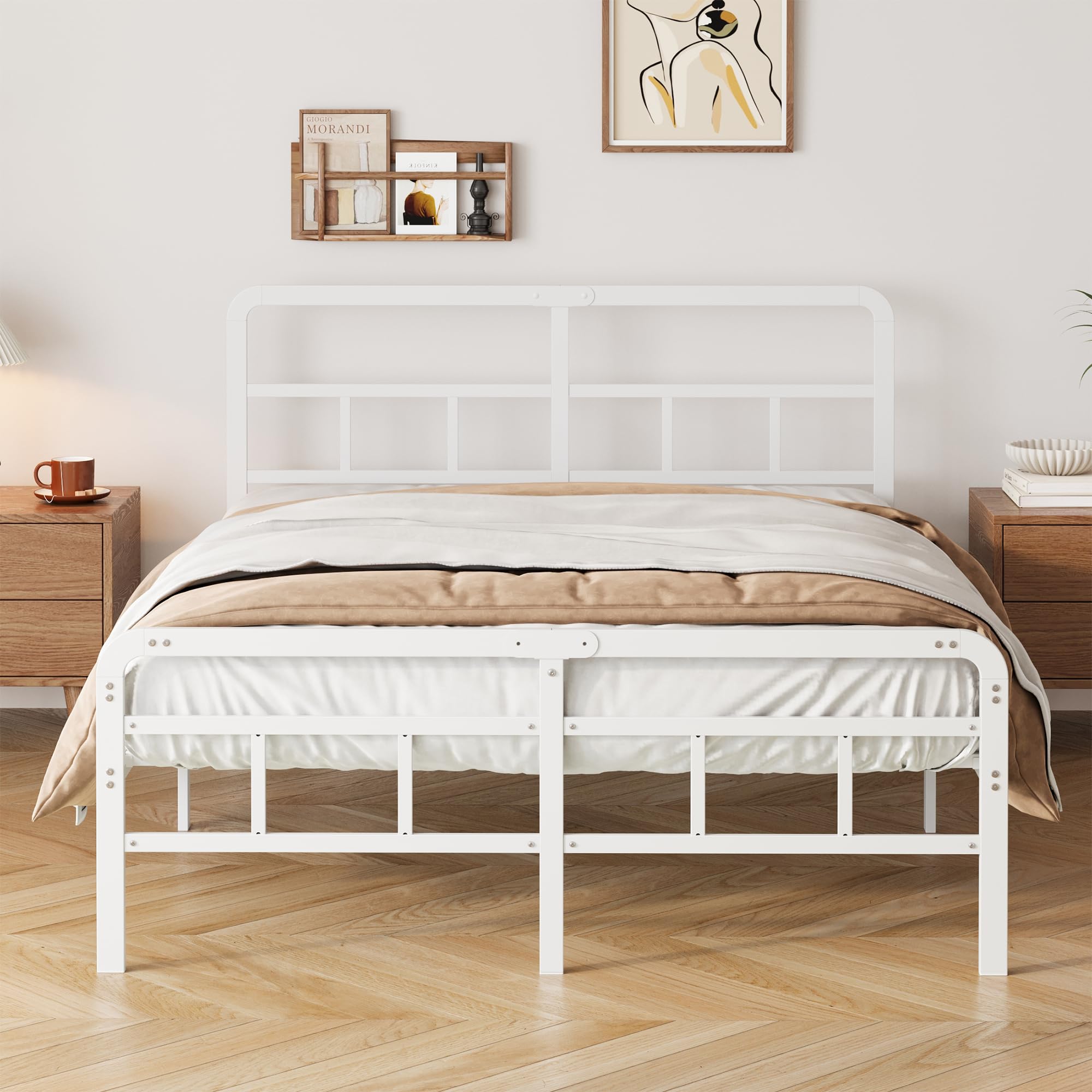 Yicensen Letto Matrimoniale 150x200 cm con Testiera e Pediera in Metallo, Rete a Doghe in Metallo Altezza 36cm, Giroletto Letto Stabile, Facile Montaggio, Silenzioso, Moderno Bianca