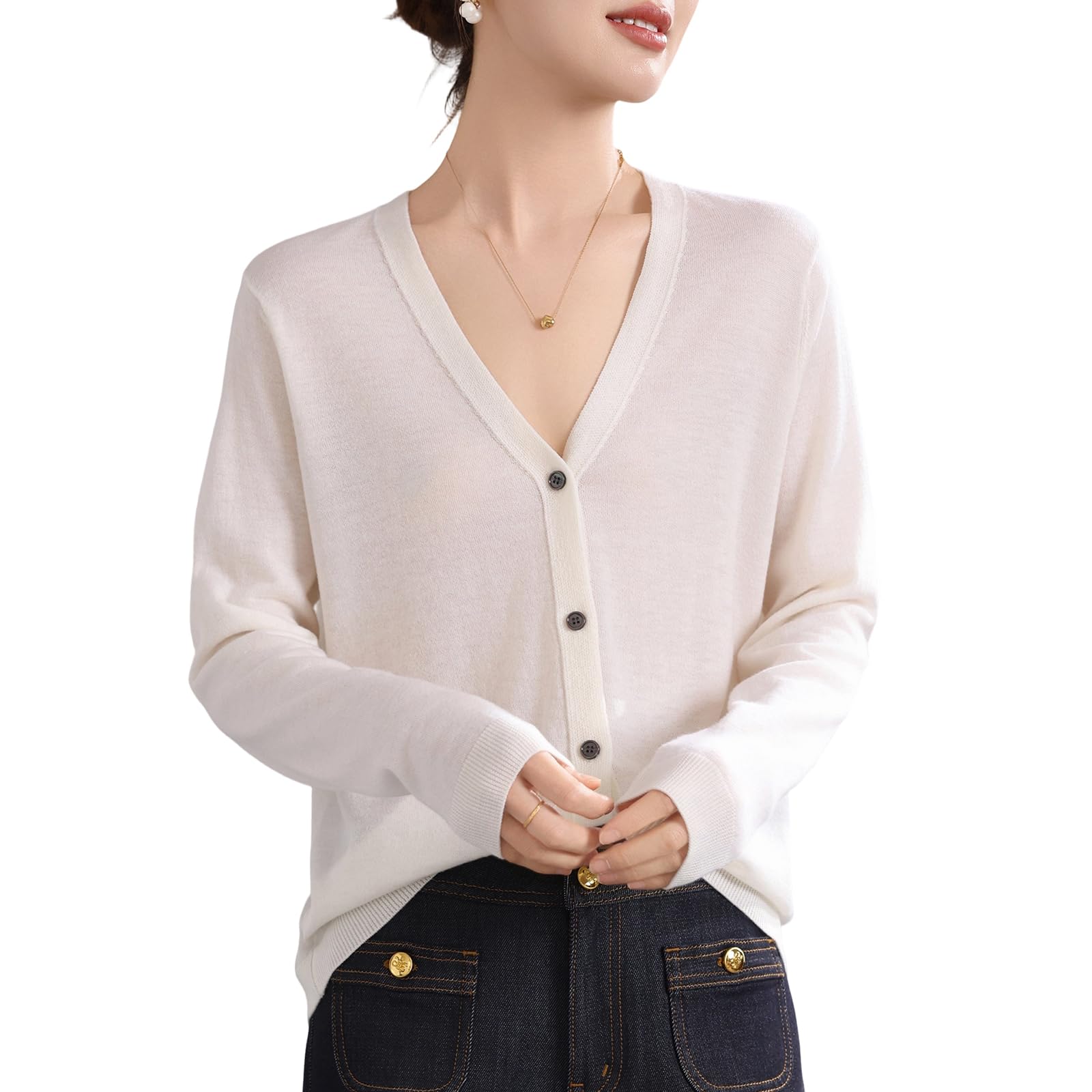 Women's 100% Merino Wool V-Neck Cardigan Lightweight Top Sweaters