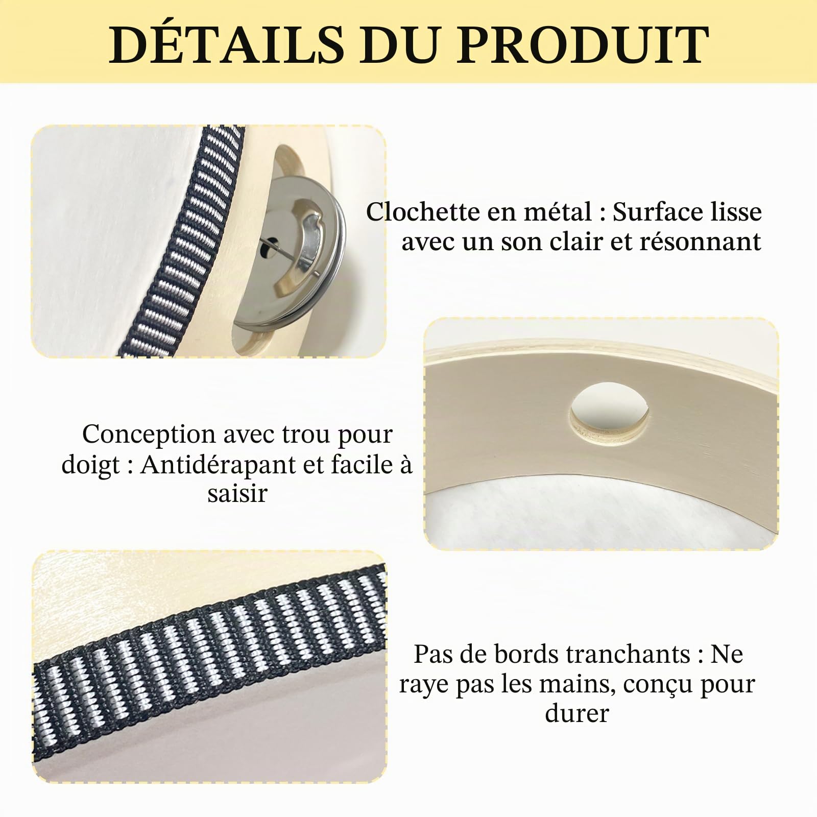 Set Tambourin en Bois avec Baguette 8 Pouces | Tambour à Main 20 cm de Diamètre Bord Renforcé par Corde