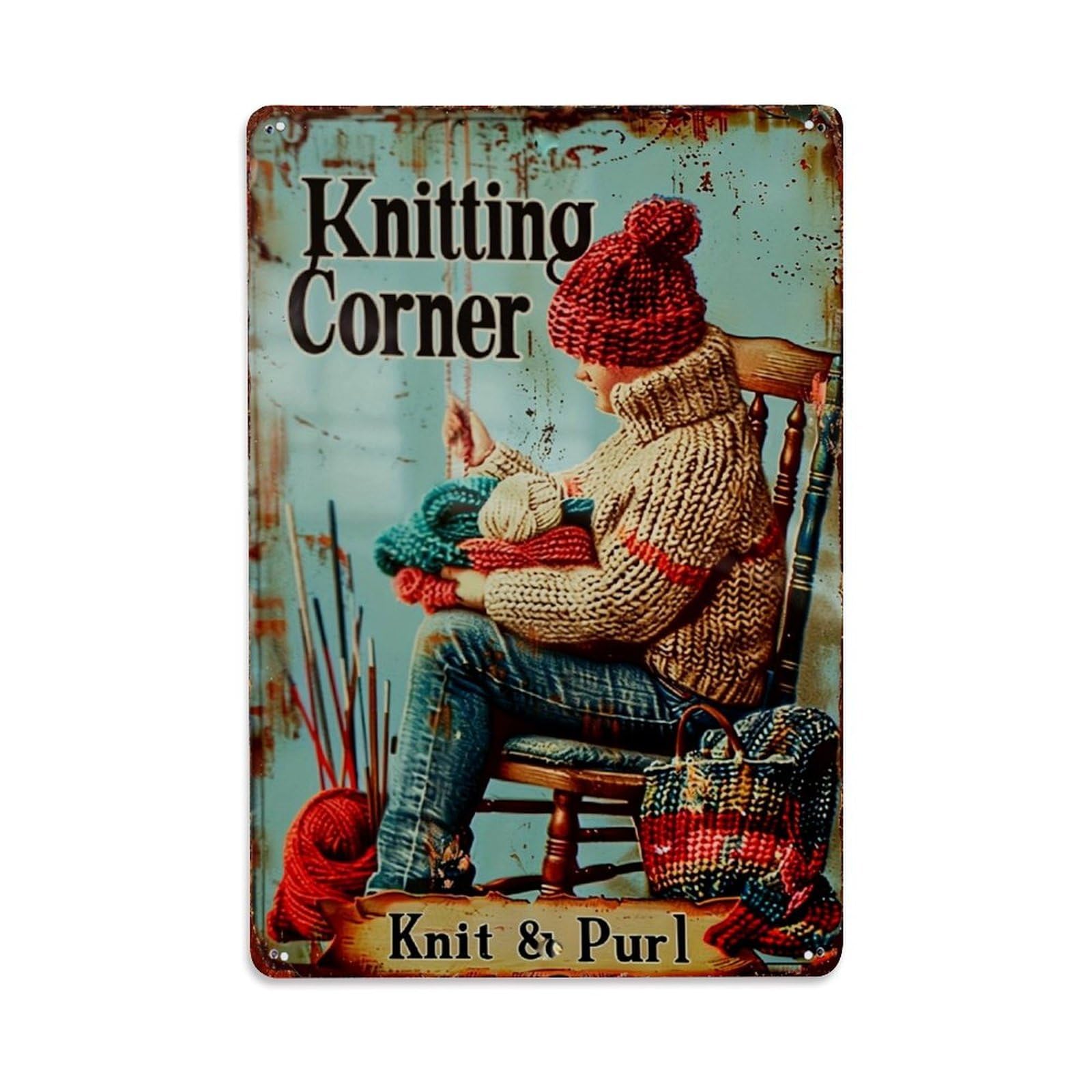 Jdfenggu Vintage Knitting Corner Knit And Purl Retro Metal Tin Sign, Metal Poster For Bar, Home, Man Cave, Kitchen, Laundry Room Art Decor 8X12 Inch