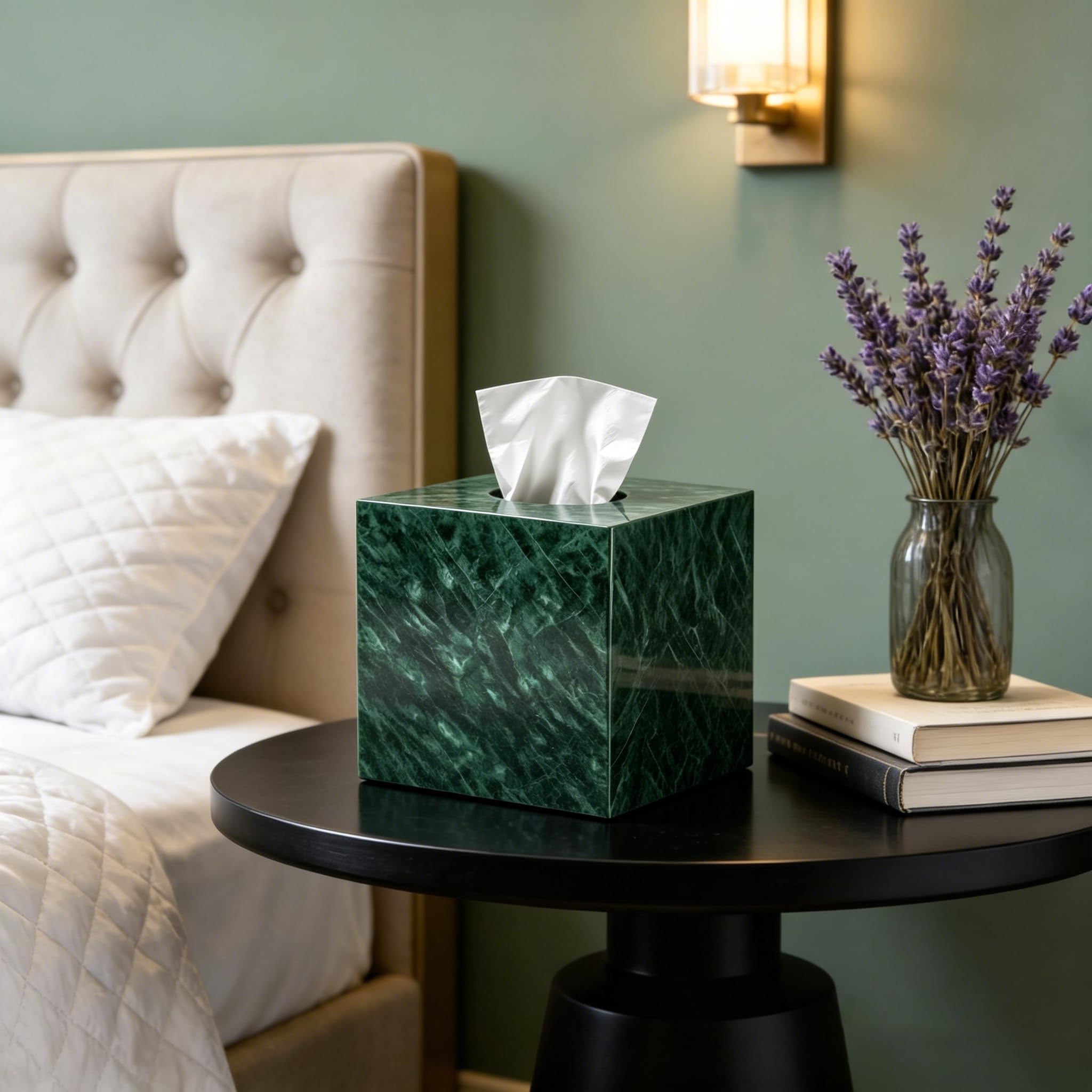 Porta fazzoletti in marmo naturale, quadrato, con fondo aperto, porta fazzoletti per bagno, vanity top, comò da camera da letto, piano di lavoro della cucina, verde