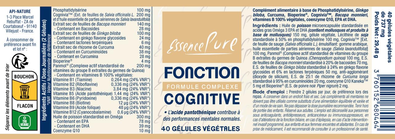Cognivia® Sauge + Bacopa monnieri + Ginkgo biloba 24% | Phosphatidylsérine, Panmol® Vitamines B, Q10 Kaneka™, Oméga 3 | Fonction Cognitive | 40 gélules | Essence Pure
