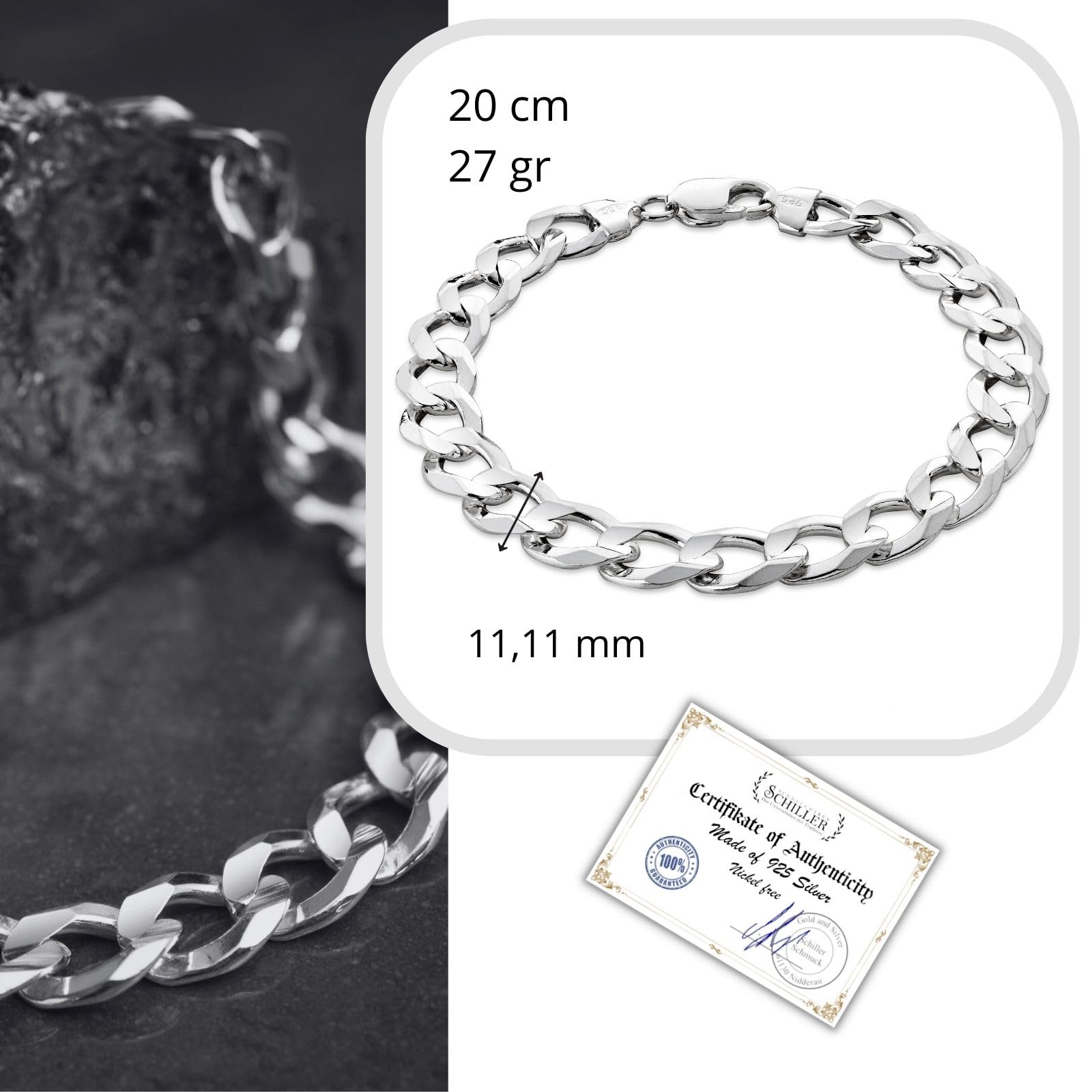 Herren-Armband aus massivem 925 Silber, ideal als Geschenk für Mann oder Freund, mit Schmuckbox