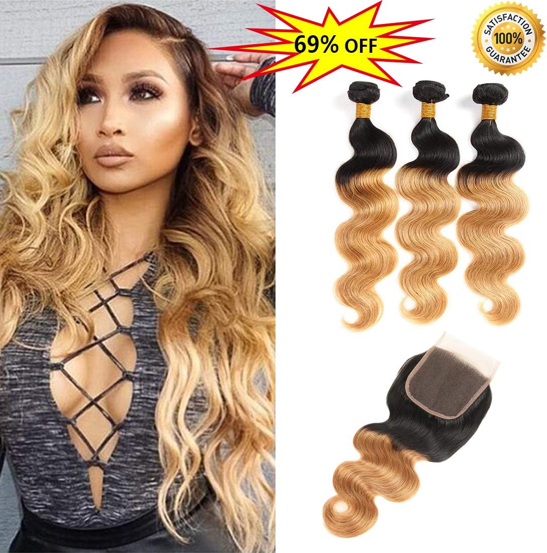 Brazilian Virgin Hair 3 Bundles with Closure Two Tone Ombre Hair T1B/27 Brazilian Body Wave 8A 100% Unprocessed Human Hair bundles With Lace Closure Natural Black Color to Blonde (24 26 26 +20)