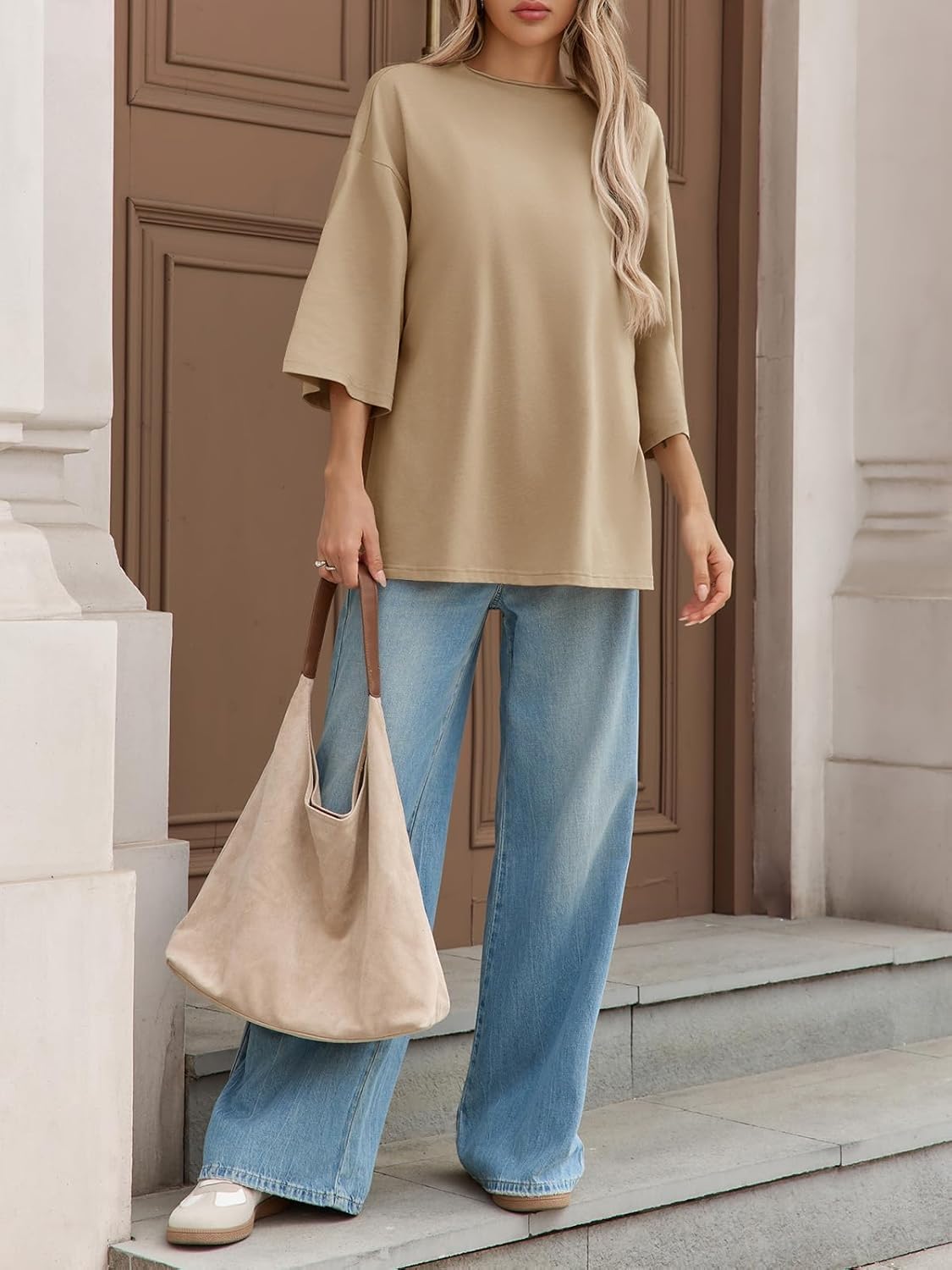 Fisoew Womens Oversized T Shirts Casual 3/4 Sleeve Side Slit Workout Gym Loose Fit Summer Tee Tunic Tops - Image 5