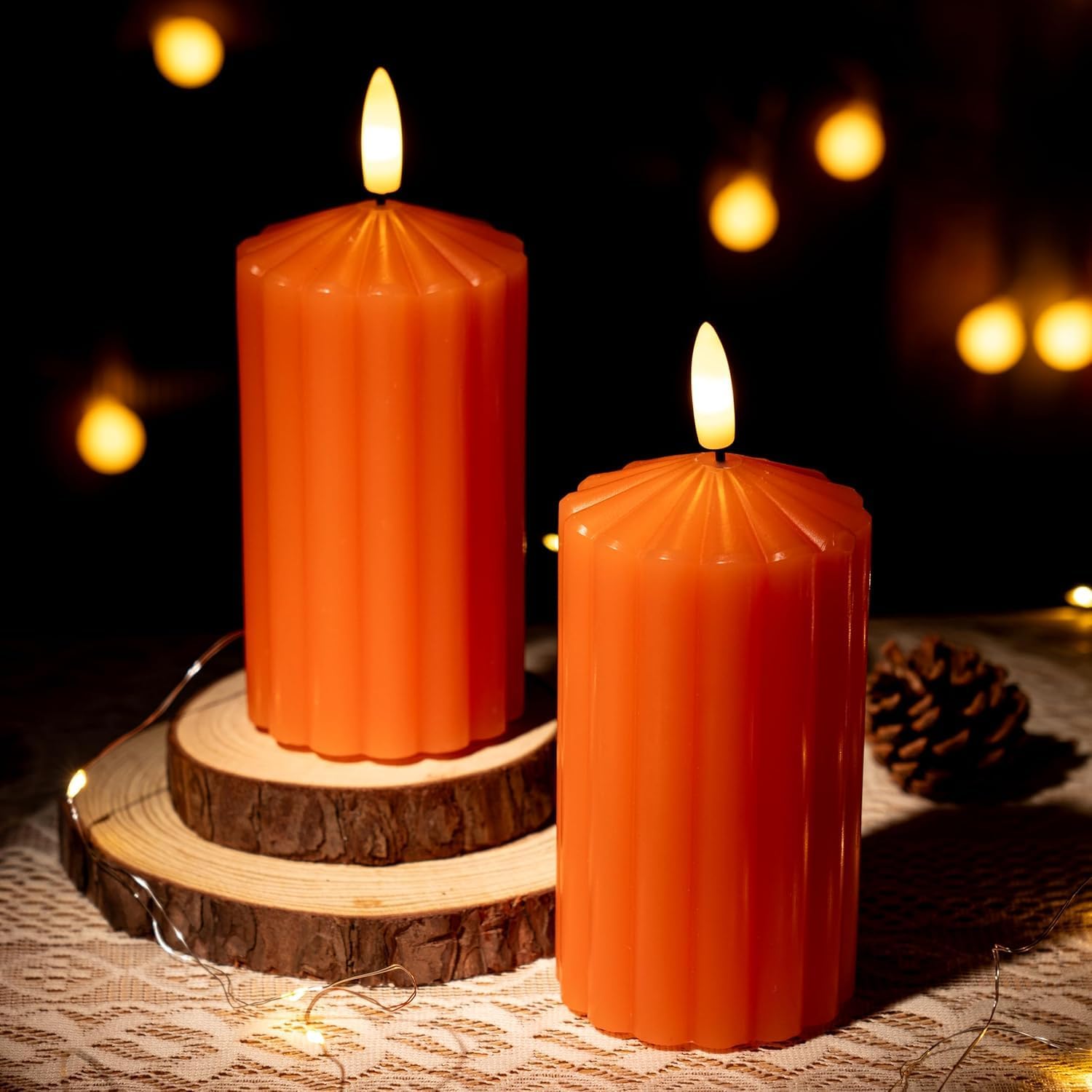Ribbed Pillar Flameless Candles(2.6x6) - Pumpkin Color Battery Candles with Remote, Real Wax LED Candle with Timer, Dimmable, 3D Wick, Warm Lighting for Halloween Decor, Orange Candle, 2 Pack