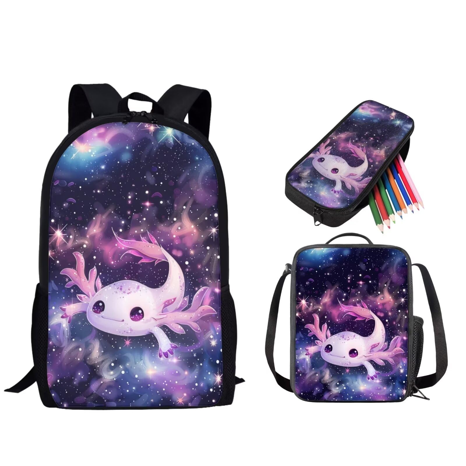 Baxinh Galaxy Axolotl Printed Cute School Bookbag Set for Boy Girl Back to School, Lightweight Schoolbag Set with Reusable Lunch Bag and Pencil Pouch,