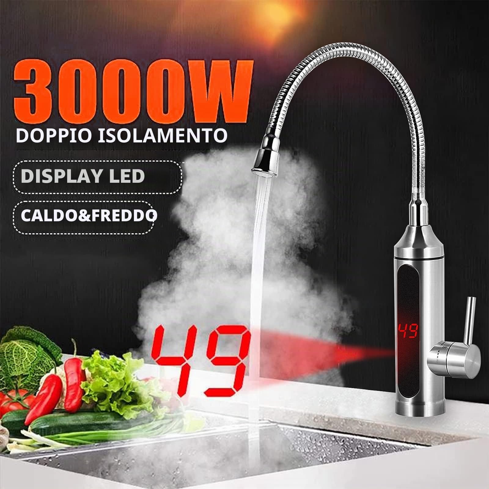 Rubinetto elettrico in acciaio inox, 3300 W, istantaneo, caldo, per cucina, riscaldamento elettrico, rubinetto con scaldabagno a 360°, indicatore di temperatura LED intelligente