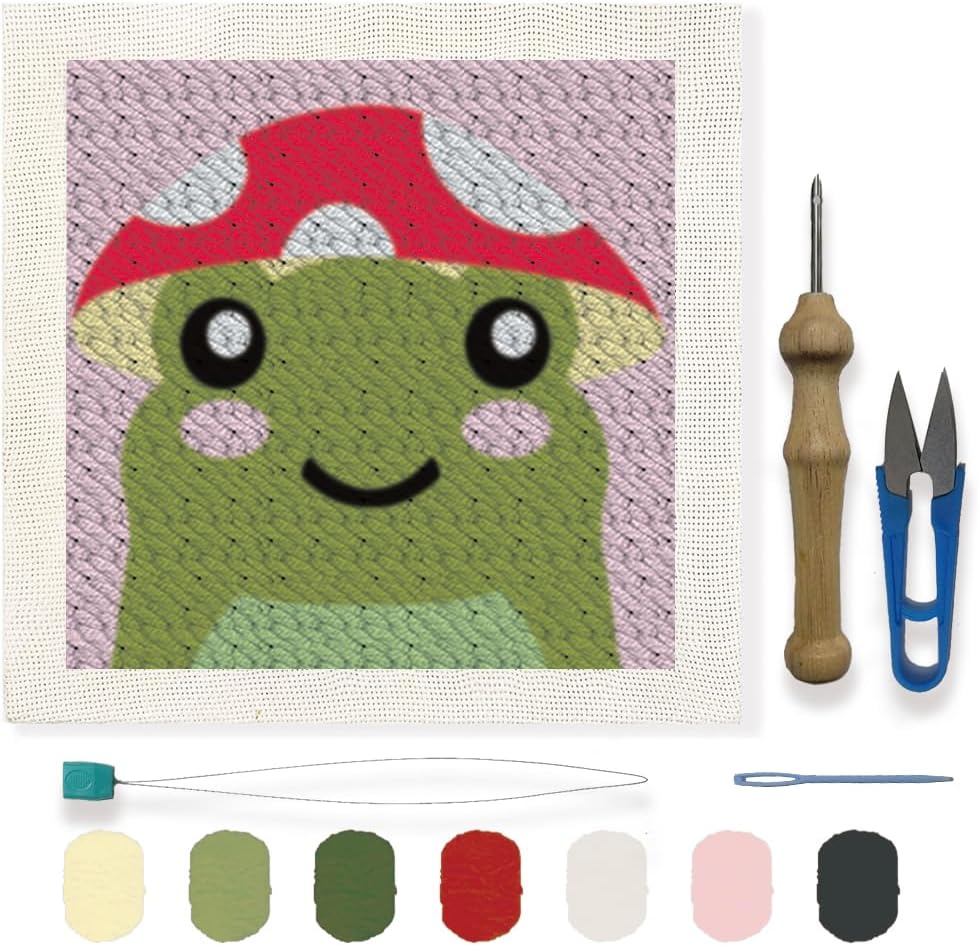 FREEBLOSS Punch Needle Embroidery Starter Kits for Adults Beginners, Framed Punch Embroidery Kit Include Instructions, Punch Needle Fabric with Frog Pattern, Yarns, Rug Punch Needle Kit