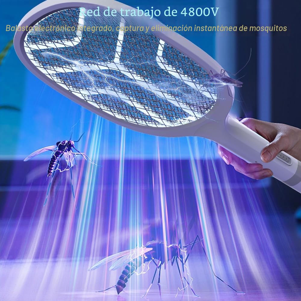 Raqueta Matamoscas Electrica (2 uds), 4800V Mata Mosquitos Electrico 2en1 con Base de Carga USB-C, Batería Recargable 1800mAh & LED UV, Raqueta Mosquitos Electrica para Mosquitos Moscas Abejas | Matamoscas eléctrico recargable 2 en 1, matamoscas eléctrico