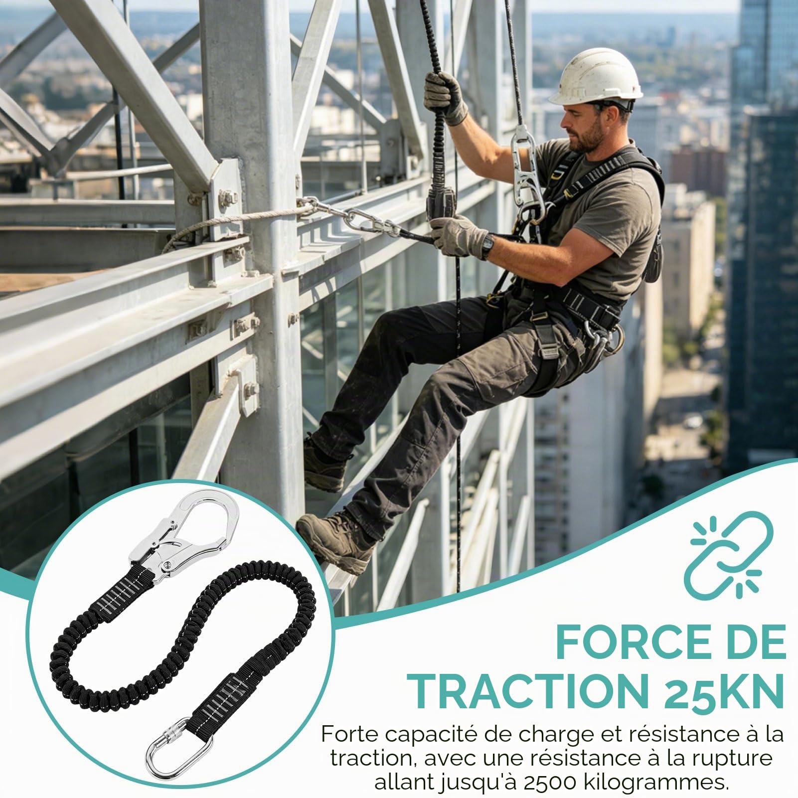 HERCHR Lanyard de sécurité avec snap Hook 25 kN véhile lourde Protection d'automne de sécurité intérieure absorbant le harnais de sangle d'arbre d'escalade élastique élastique élastique