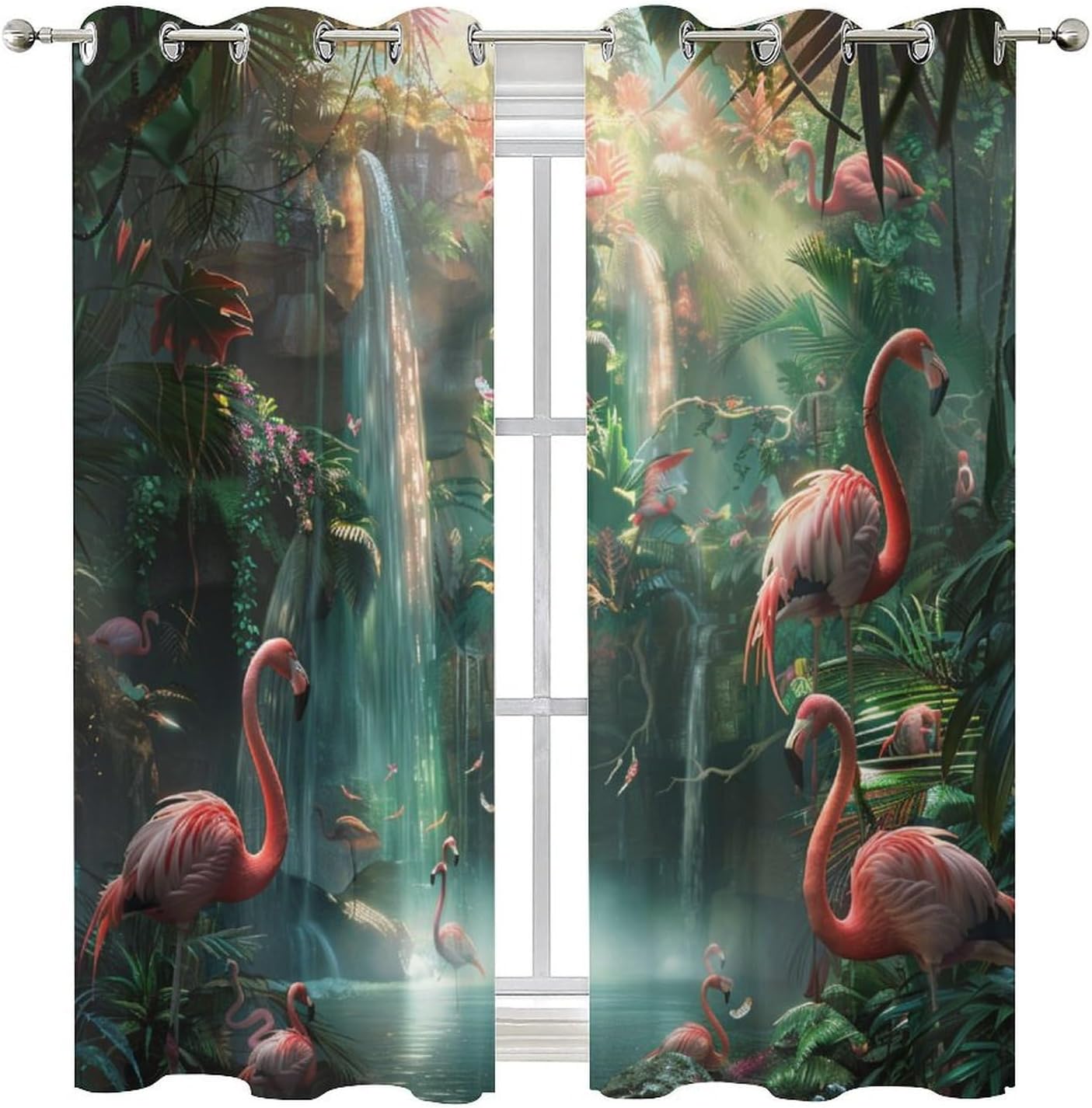 Forest Flamingo Blackout Curtains for Bedroom, Tropical Palm Tree Waterfall Jungle Grommet Curtains Thermal Insulated Window Drapes for Living Room, 27.5W x 63L, 2 Panels