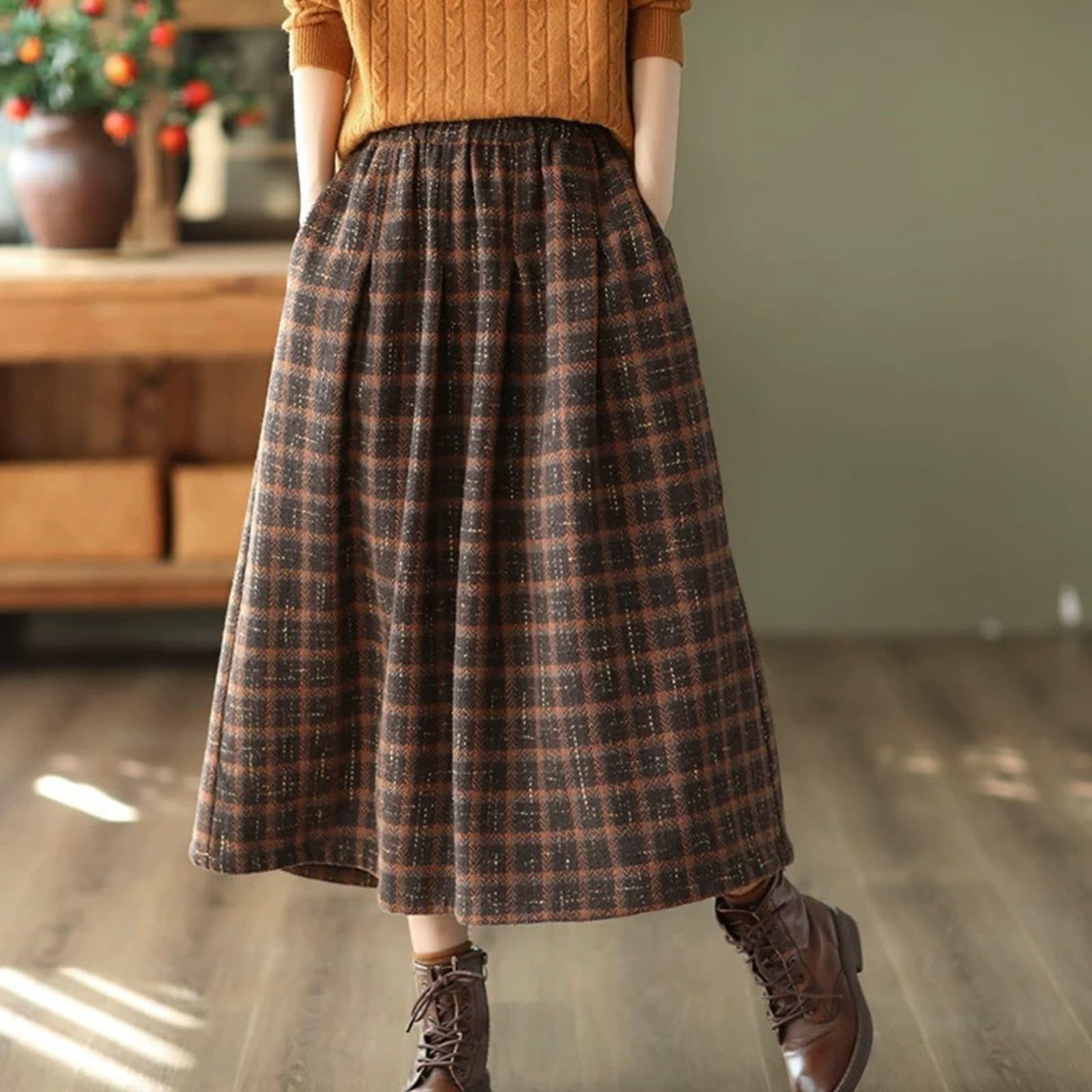 2026 Falda a cuadros de invierno para mujer de longitud midi para un atuendo cálido, elegante e informal. Falda de línea A con bolsillos.
