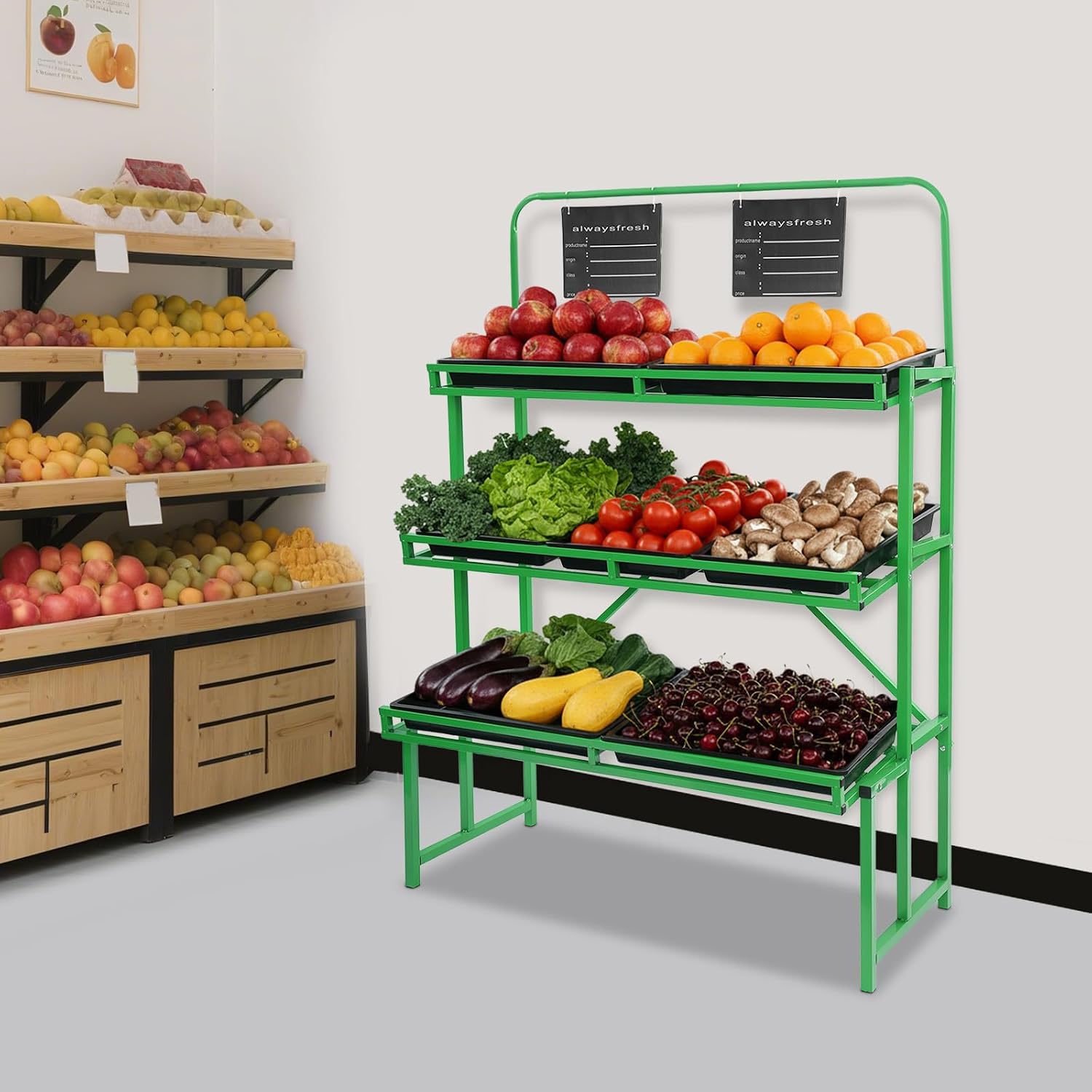 Fruit and Vegetable Storage Rack, 3-Tier Supermarket Retail Display Stand, Free-Standing Fruit Basket Stand, Market Shelf, Snack Rack with 7 Removable Baskets for Kitchen, Shop, Store
