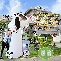 Vista 4 de Inflables de Halloween de 12 pies para exteriores, decoración de patio, fantasma blanco de terror con 3 cabezas de calavera sangrante, lápida