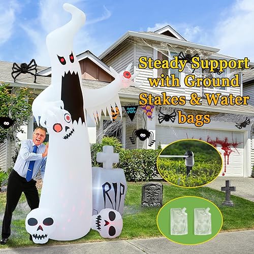 Miniatura 4 de Inflables de Halloween de 12 pies para exteriores, decoración de patio, fantasma blanco de terror con 3 cabezas de calavera sangrante, lápida de