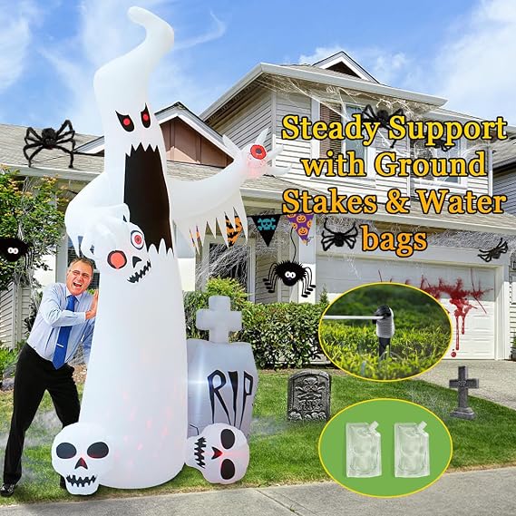 HOPOCO 12 FT Halloween Inflatables Outdoor Decorations Ghost with 3 Skulls