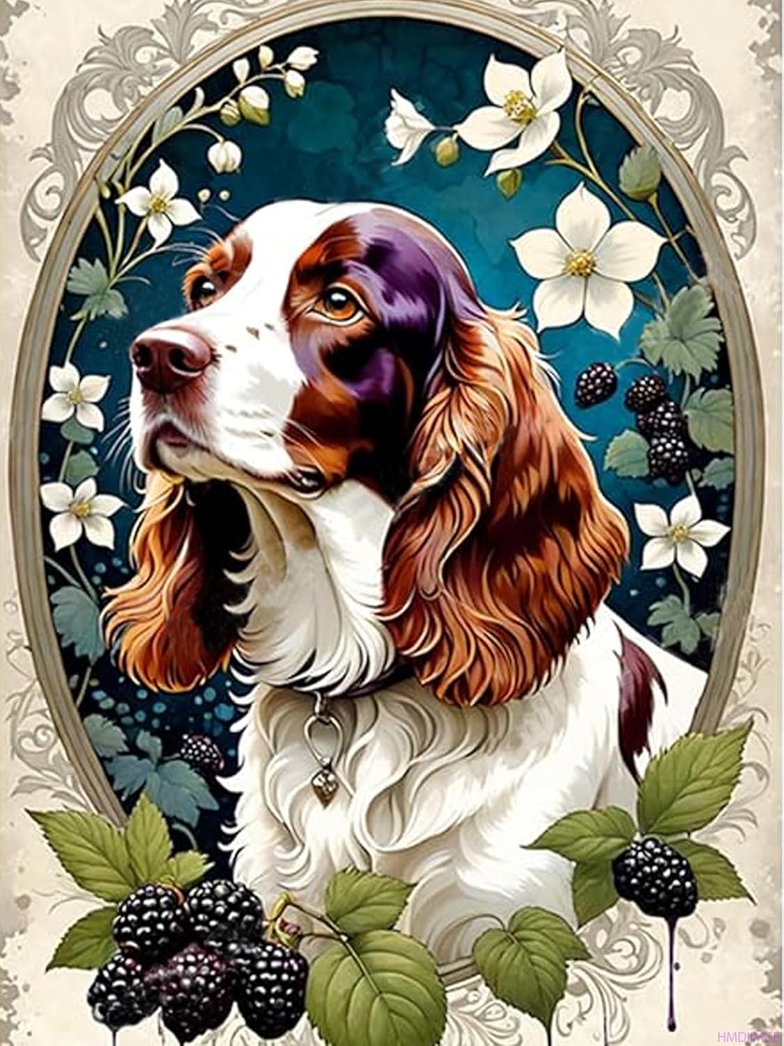 HMDIIMGE Welsh Springer Spaniel Christmas Gifts Diamond Painting, Black Berry and Animal Dogs Diamond Art Kits for Adults Full Drill Diamond Painting Kits 5D Gem Art Gift Wall Home Decor 12x16 inch