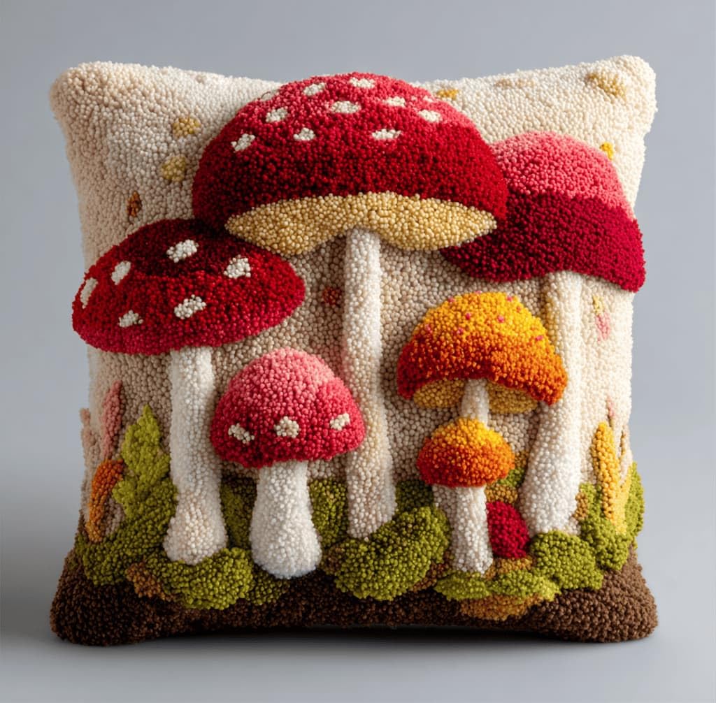 Kitquiver Latch Hook Kits for Adults Mushrooms Rug Cover Pillowcase Beginner DIY Needlework Embroidery Kits Handmade Set Craft Sofa Home Decor 43X43Cm