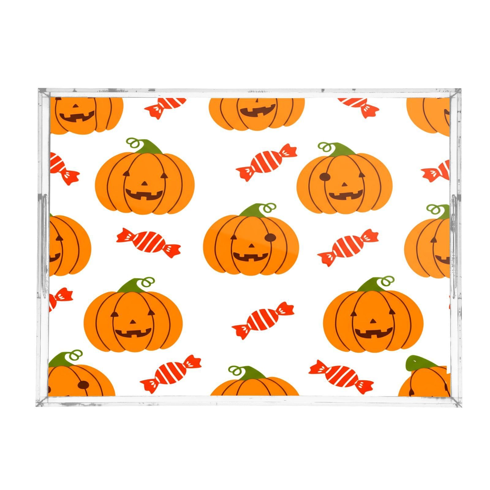 BOESI Halloween Pumpkin & Candy Acrylic Decorative Dining Tray, Acrylic Decorative Tray Organizer with Handle for Kitchen, Dining Room, Bathroom, Dresser