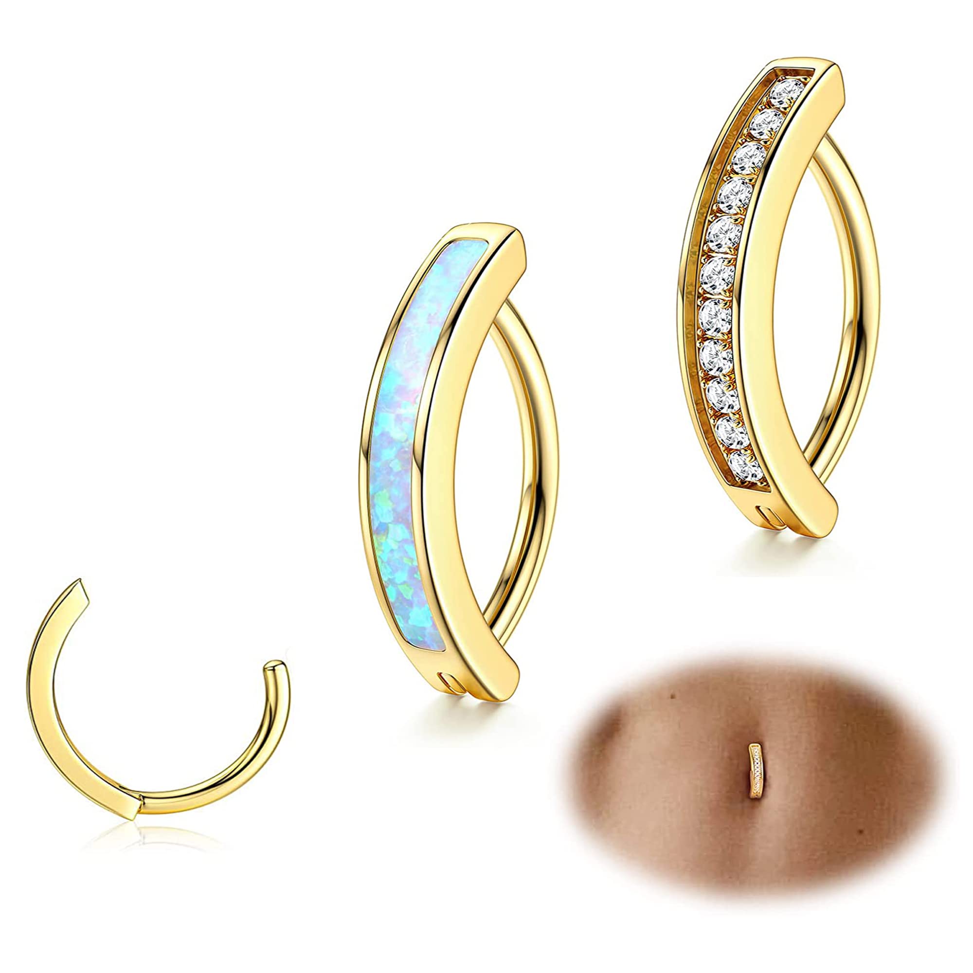 JeryWe2Pcs 14G Clicker Anillo para Ombligo para Mujeres Anillo de Acero quirúrgico para el Ombligo CZ Opal Anillos del Vientre Simple inversa Ombligo Anillos de perforación Vientre Joyería Cuerpo