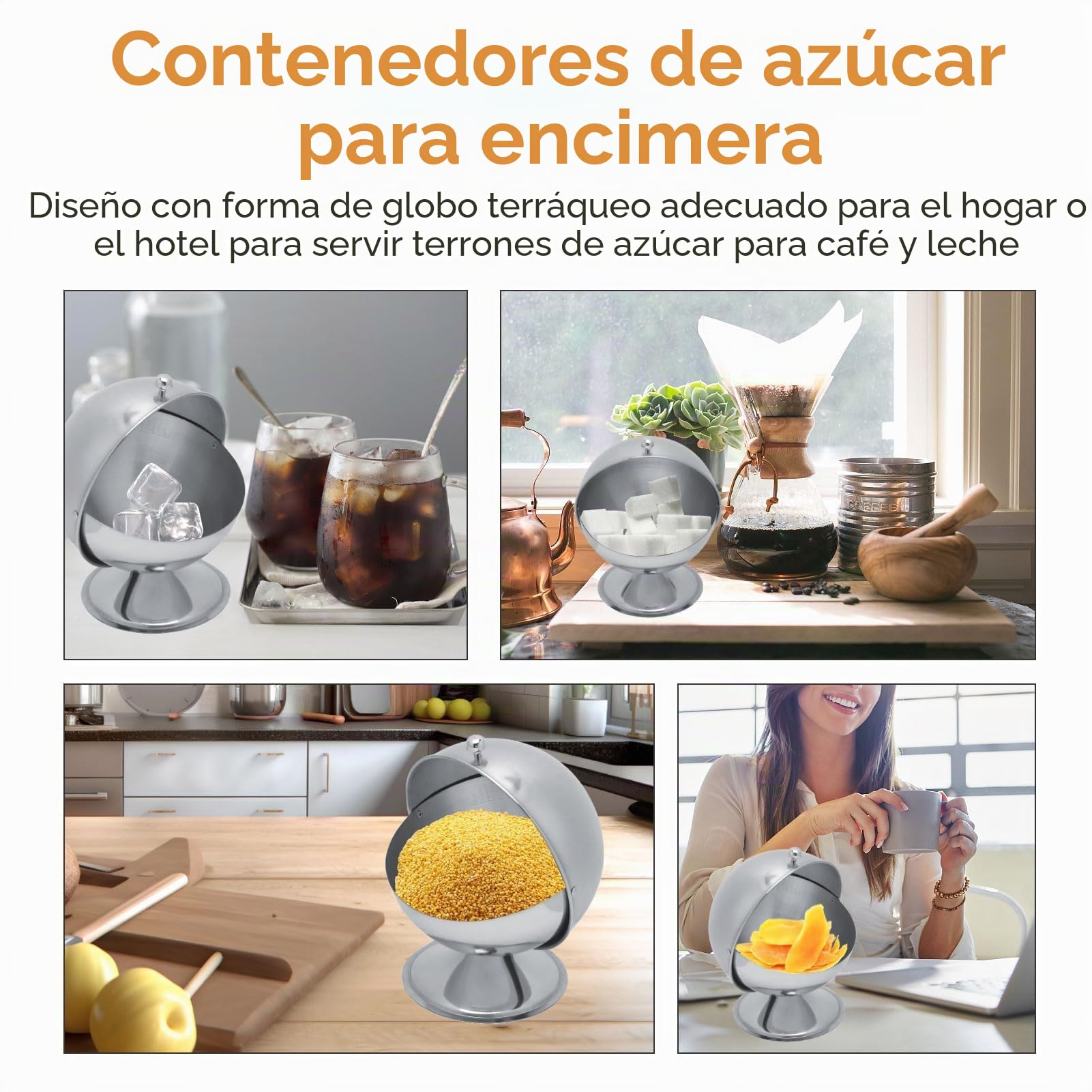 Agatige Azucarero De Acero Inoxidable, Cuenco Esférico Para Dulces Para Oficina, Soporte Para Cubos De Azúcar Con Tapa Enrollable Azucarero Recipiente De Sal En Forma De Globo Para Cocina Casera
