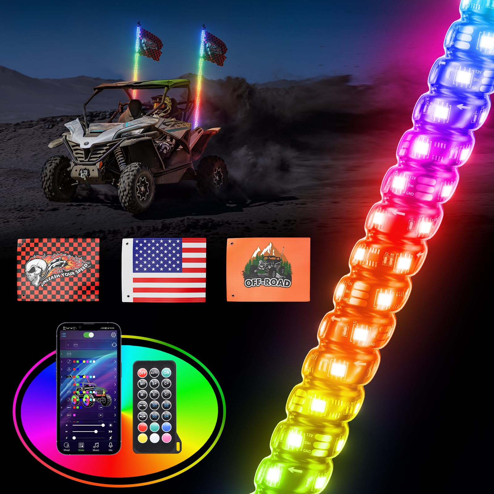 Ehaho 5FT Whip Light for UTV ATV with DIY Length, Tripled Brighter Led Whip Light W/Rocker Switch & 6 Flags, Spiral Chasing Lighted Antenna Whip with APP & Remote Control for RZR SXS Can-Am