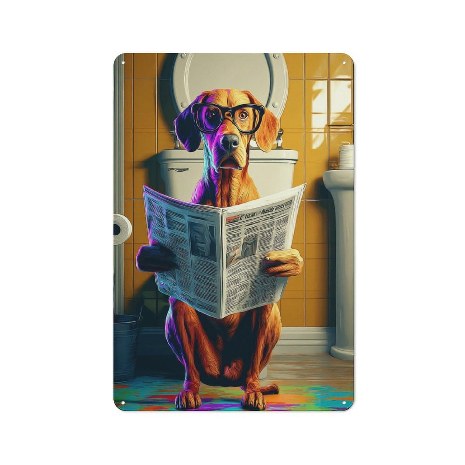 Junmoney Dog Reading Newspaper In Bathroom-8 Metal Wall Sign With Design 30X20cm, Loft Style Studio Wall Art For Flat, Bar, Studio Or Gallery Wall