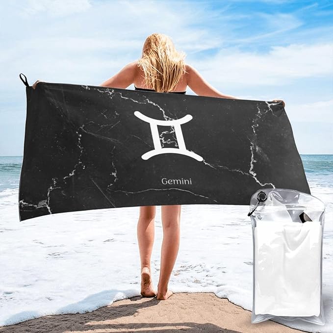 Gemini Sign Beach Towels Large Quick Drying Sand Free Beach Towel, for Beach, Swimming Pool, Camping, Black