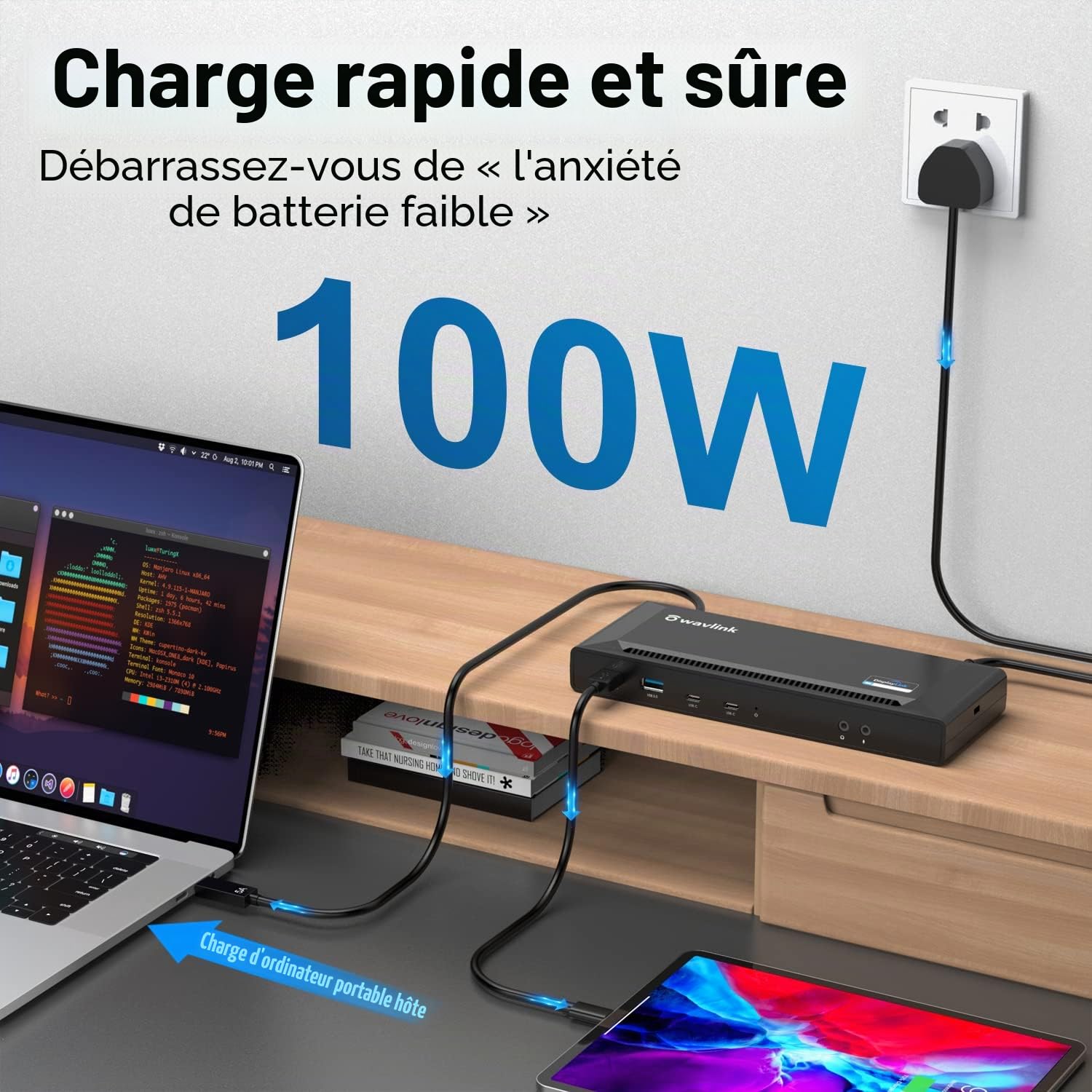 Dock USB C, WAVLINK Station d'accueil USB C avec 100W PD, Single 5K/ Dual 4K @60Hz pour USB-C et Thunderbolt 3 Windows,MacOS 10.14 Later,MacBook Neo,Ubuntu 20.04,22.04 (2 HDMI,2 DP, 6xUSB, LAN, Audio)
