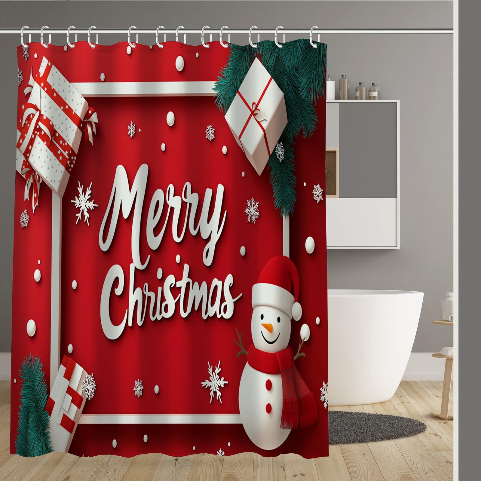 Rideau de douche Joyeux Noël 180x200 cm en tissu avec 12 crochets pour cadeau de fin d'année