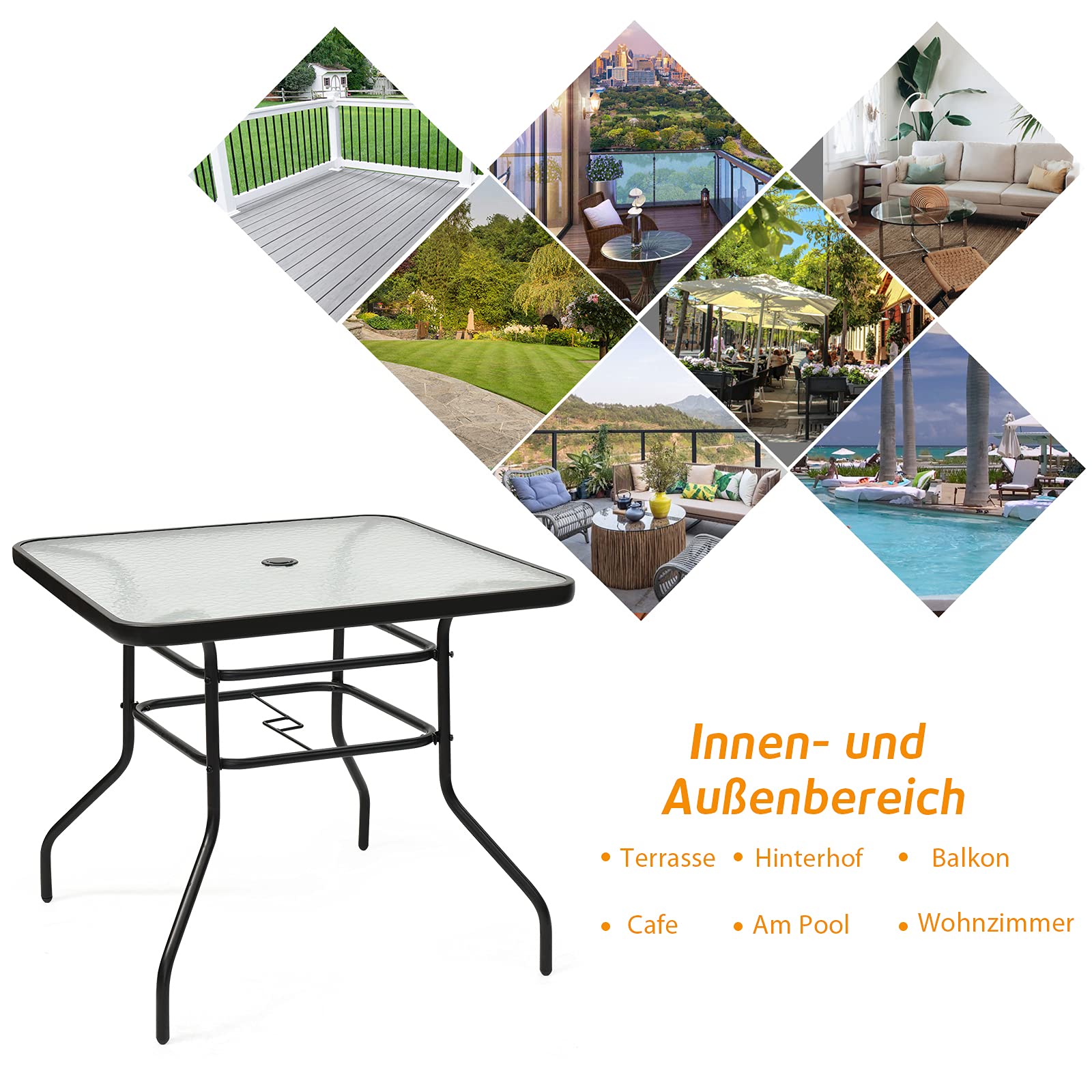 COSTWAY Gartentisch quadratisch, 80x80x71cm, Balkontisch mit Schirmloch, Terrassentisch mit Tischplatte aus gehärtetem Glas, Outdoor-Esstisch für 4 Personen, für Garten, Terrasse, Balkon