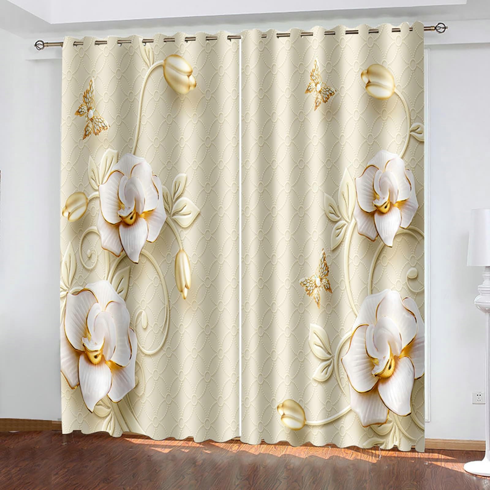 Zasłony do salonu, 2 panele 275 cm długości, zaciemniające panele okienne do pokoju, 84 szer. x 208 cm dł., kwiaty, filigranowe i motyle, termiczne zasłony zaciemniające do sypialni