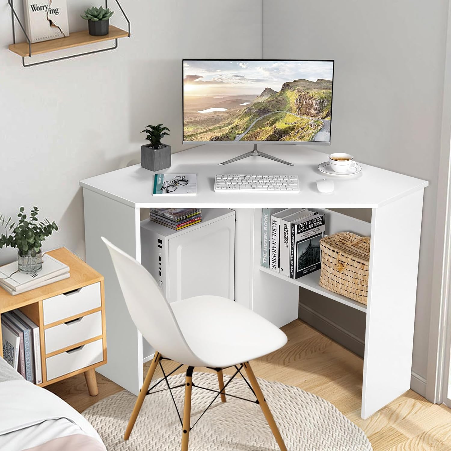 COSTWAY Corner Computer Desk, Space-Saving Triangular Writing Desk w/ 2 Storage Shelves & 2 Cable Holes, Multi-Functional Console Table for Small Space in Home Office, Living Room, Bedroom (White)