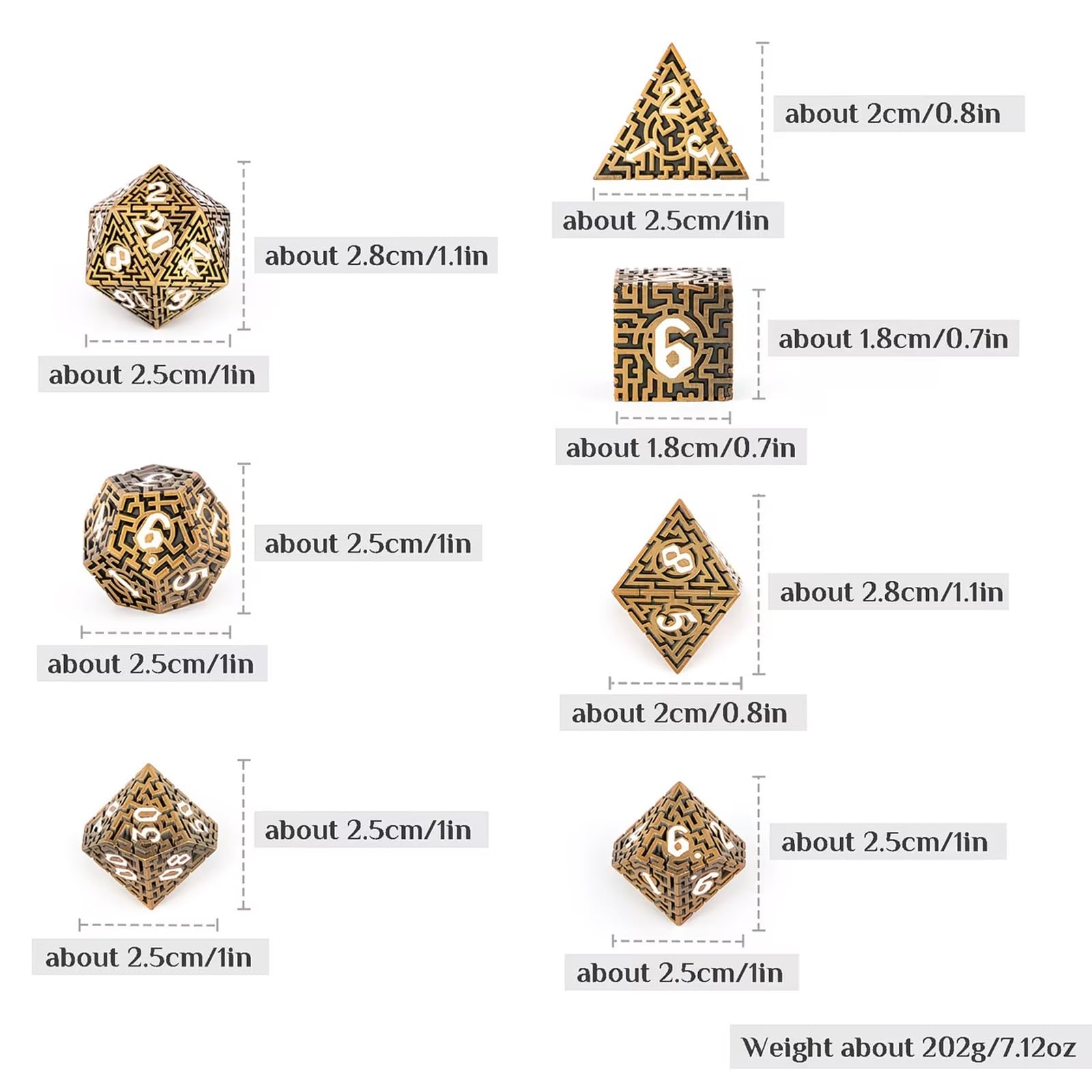 7 dados de diseño de laberinto de bronce y blanco, poliedro hueco, compatibles con juegos de rol RPG de cartas