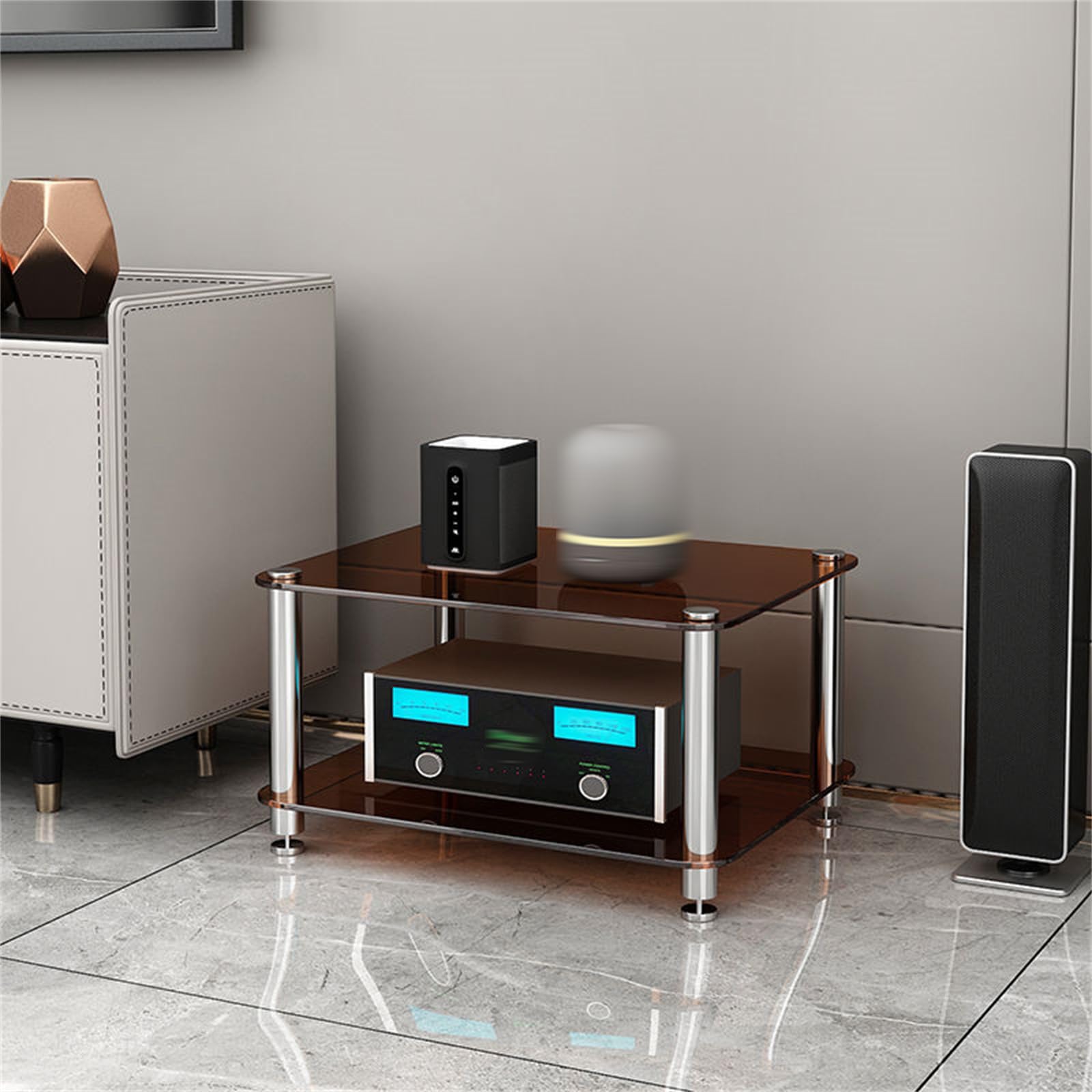 2 Tier Stereo Rack With Tempered Glass Shelves - AV Media Stand For Receivers, Turntables, Game Consoles (Clear)