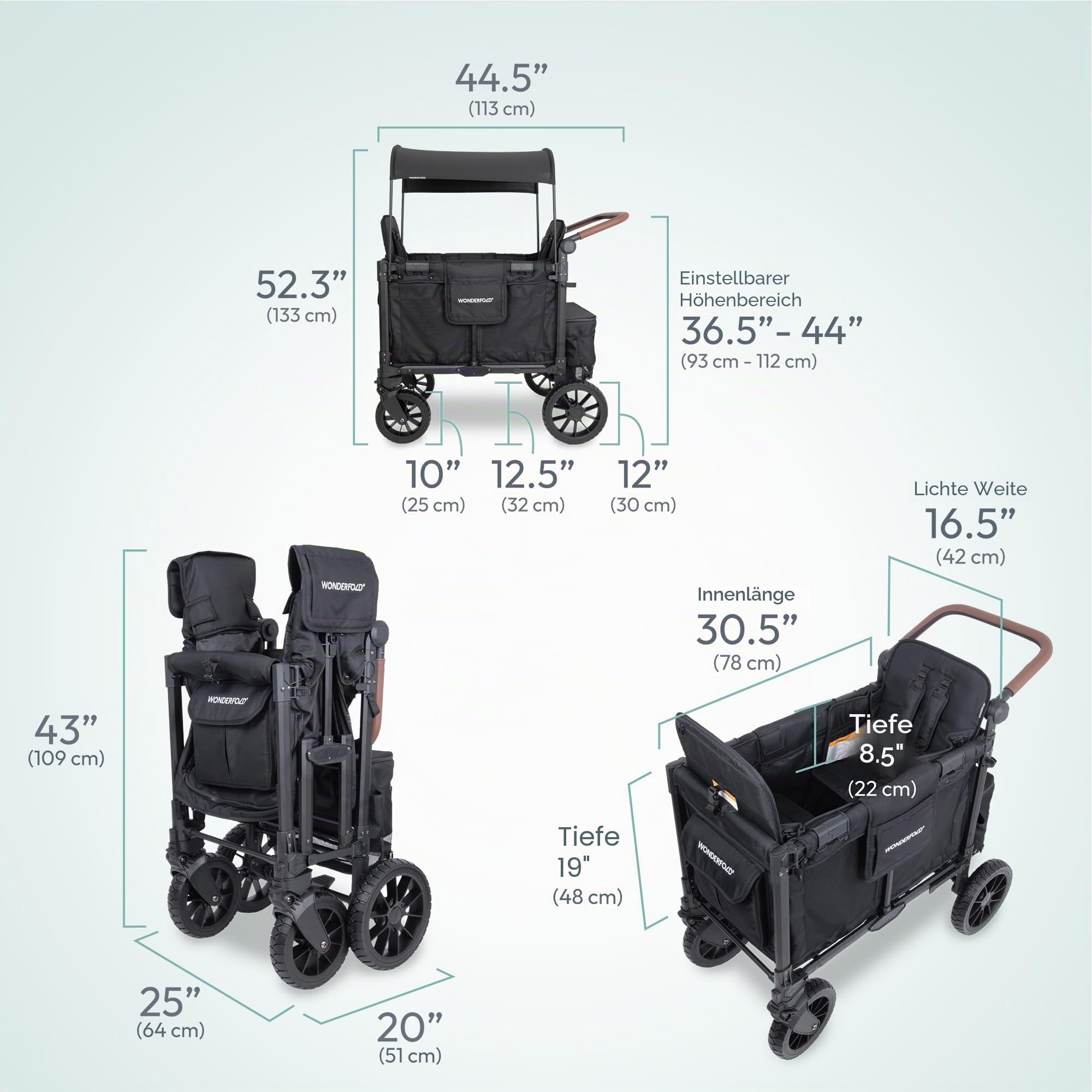 WONDERFOLD W2 Luxe Pro Kinderwagen 2-Sitzer zusammenklappbar mit 5-Punkt-Sicherheitsgurten verstellbarem Sonnendach Schwarz Jet Black