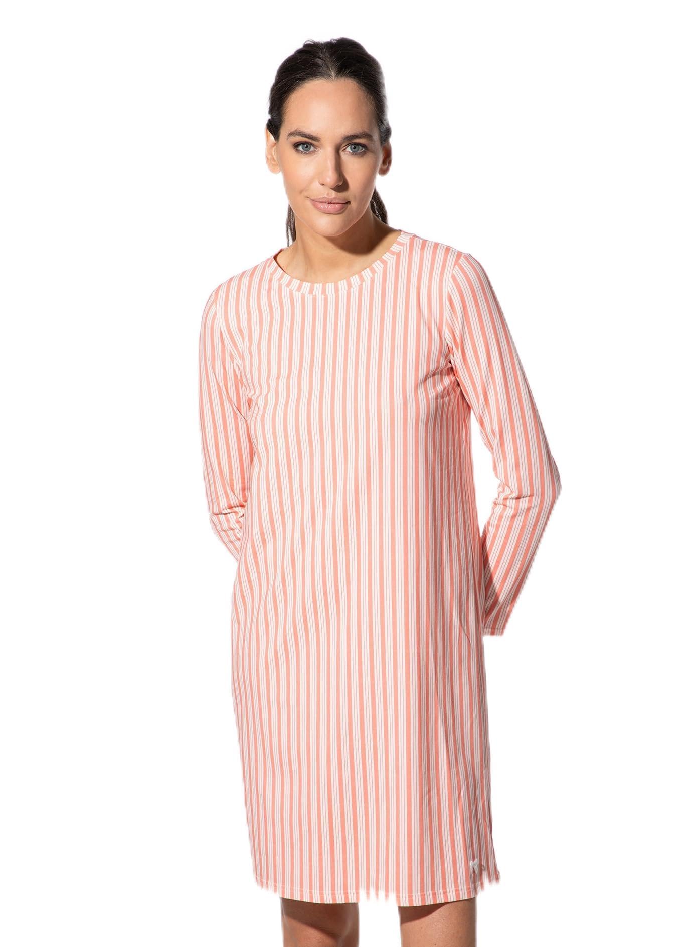 Short Stories Camicia da Notte da Donna, a Maniche Lunghe, Arancione a Righe, in Cotone, Morbida e Traspirante, per Notti accoglienti
