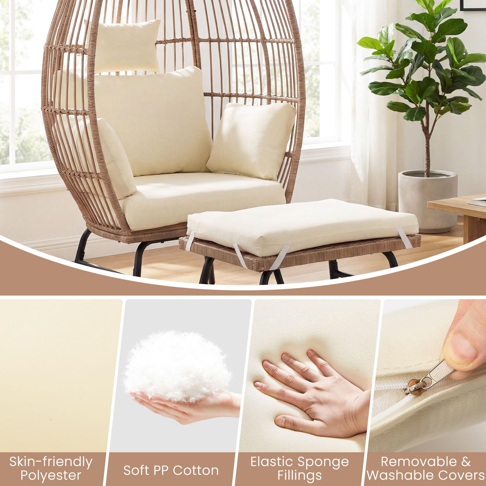 GIANTEX Poltrona a Uovo in Rattan PE con Pouf e Cuscini