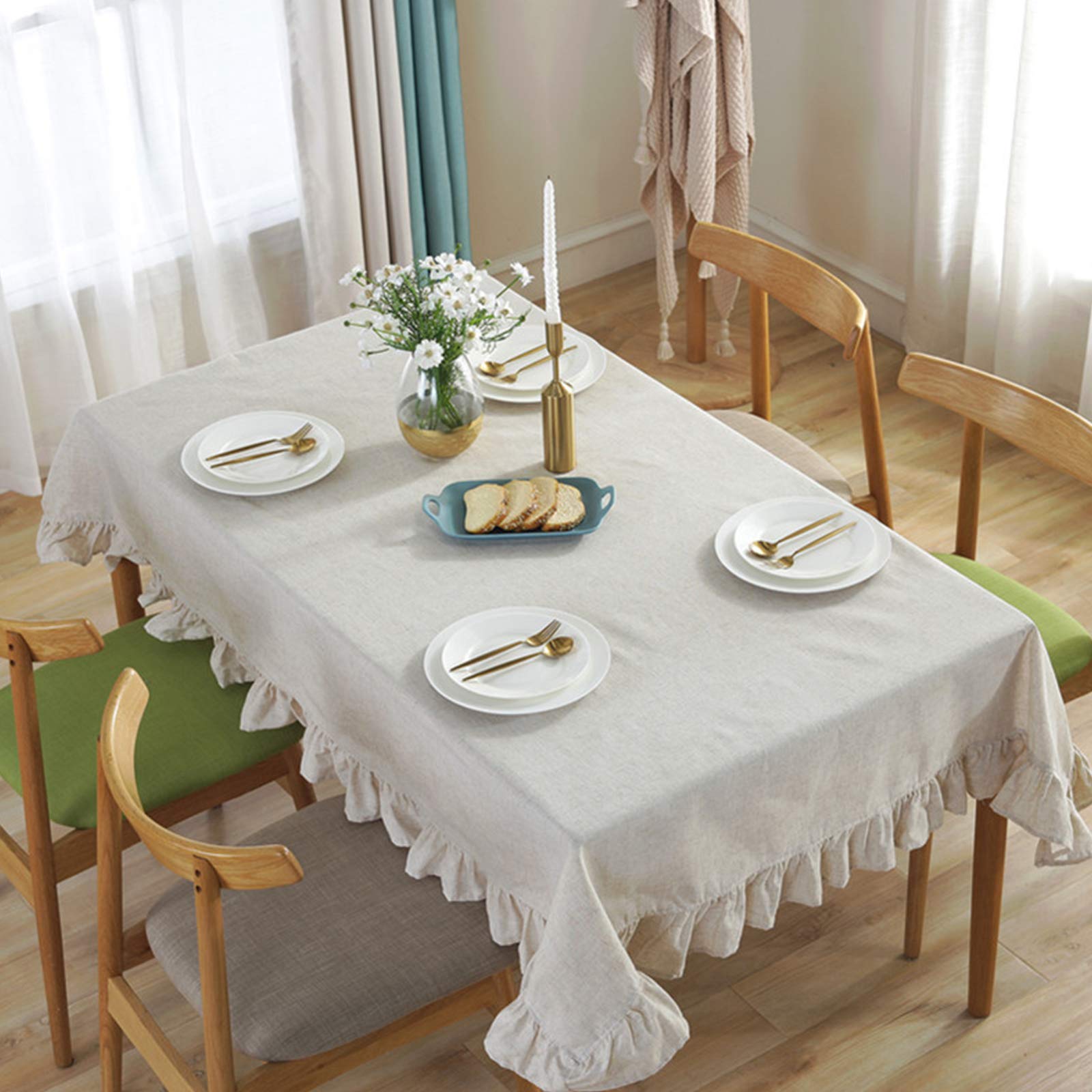 rismart Ruffle Square Linen Table Cloth Cover Tablecloth for Tabletop Desk Adornment Beige 100 x 140 cm, 55.1 x 39.4 inch (Rectangular) - Image 3