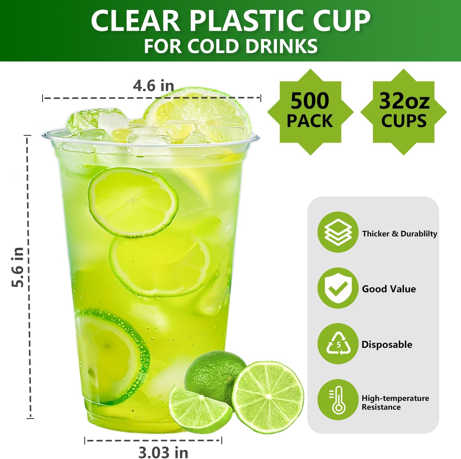 32 oz Plastic Cups 500 Pack, BPA Free Disposable Cups, Extra Thick Plastic Cup, Sturdy Party Cup for Birthday, Wedding, Graduation, Thanksgiving, Christmas