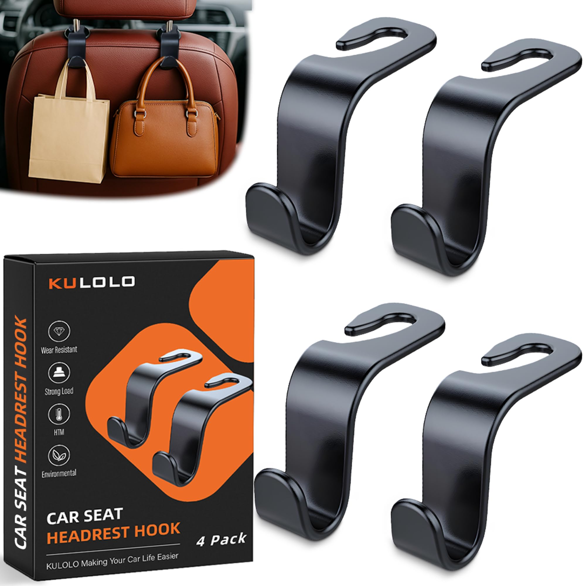 KULOLO Car Seat Hooks & Purse Holder - 4 Pack Boxed,55 lb Heavy Duty,Eco PP Car Hooks for Purse/Bag/Baby Gear/Gym Bag/Groceries/Cup/,Fits 0.32-0.55”