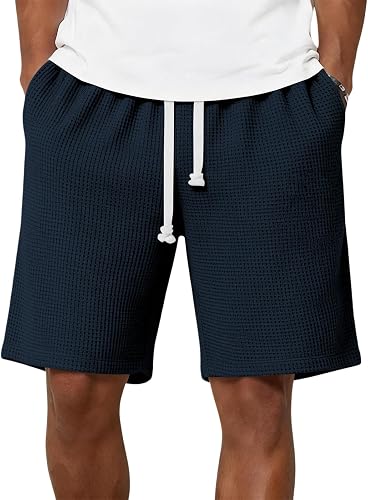 Waffle Shorts for Men Baggy Stretch Elastic Waist Drawstring Lounge Sweat Shorts