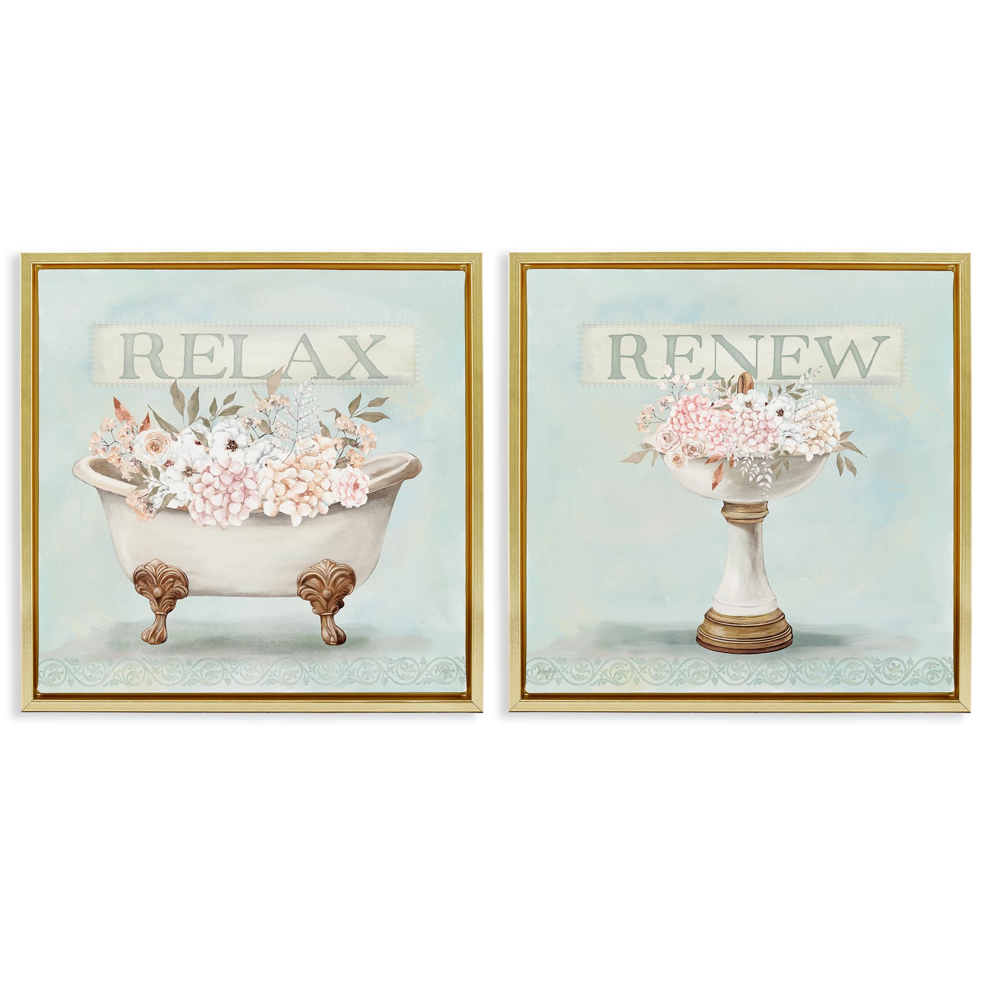Stupell Industries Relax Renew Serenity Floral Bath 'Antique Florals Relax Renew'| 2Pc Floating Frame Art Set 2