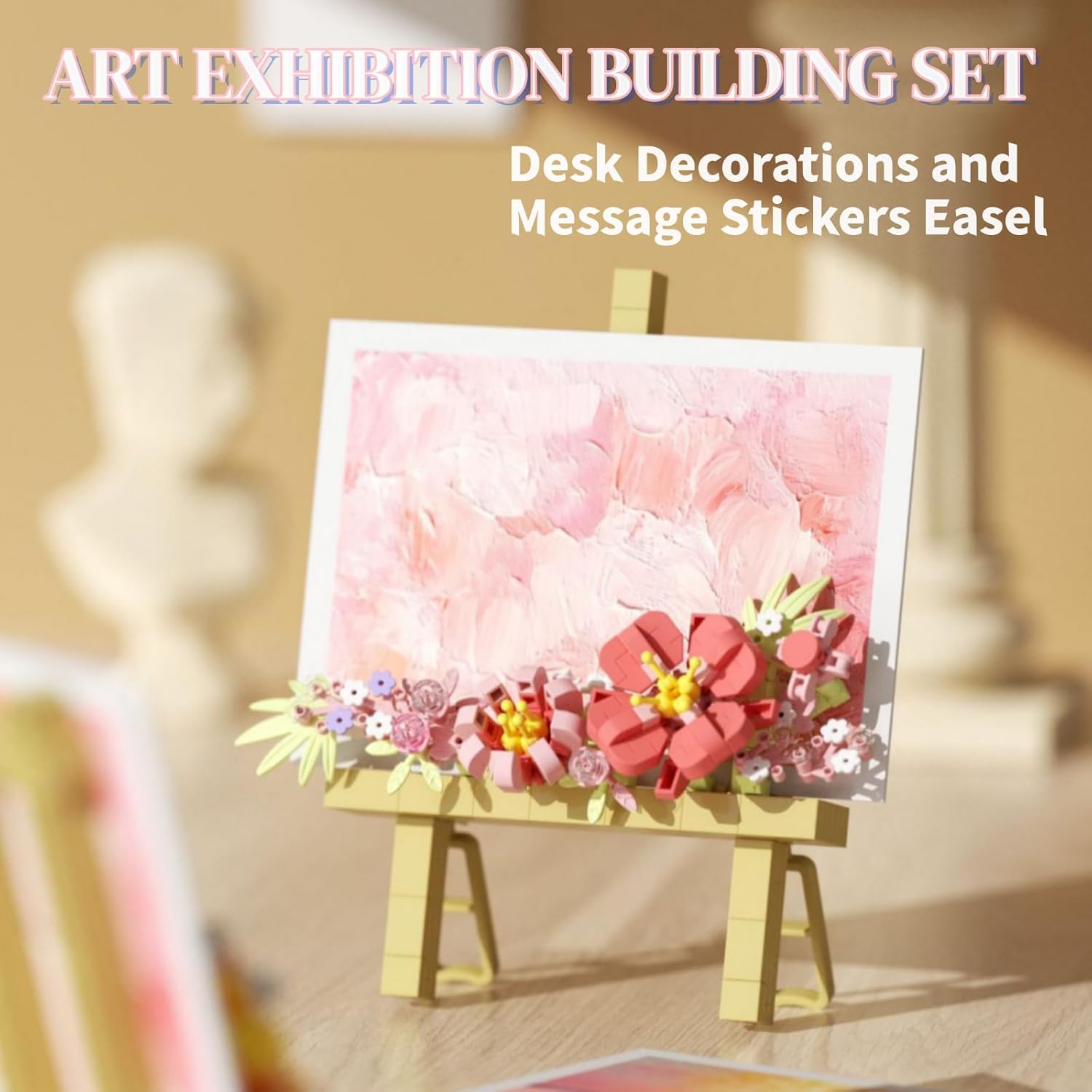 Mini Flowers Picture Frame Building Set, Desk Decor Block Easel for Message Stickers and Painting Photo Frame, Pink Roses Flower Bouquet Building Toys Gifts for Her