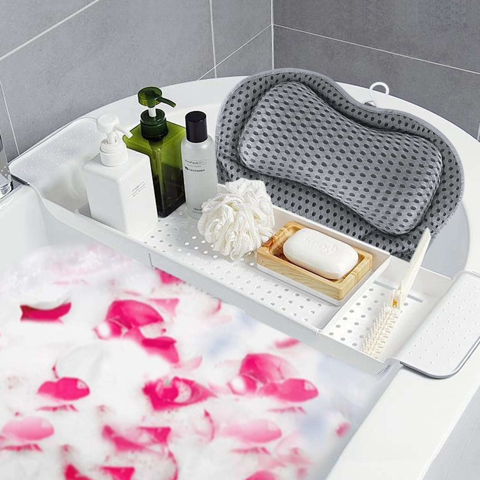 UCAMP Almohada de Baño,Cojín de Baño con tecnología 4D-Air-Mesh y 6 ventosas,Almohada para Bañera para Cabeza,Cuello,Espalda y Hombros,con máscara para Ojos Negra incluida, SPA en casa