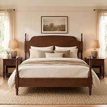 Queen Farmhouse Bed Frame with Arched Headboard, Traditional Wood Four Poster Platform Bed Frame, Natural Platform Bed Frames with Wood Slats Support, No Box Spring Needed