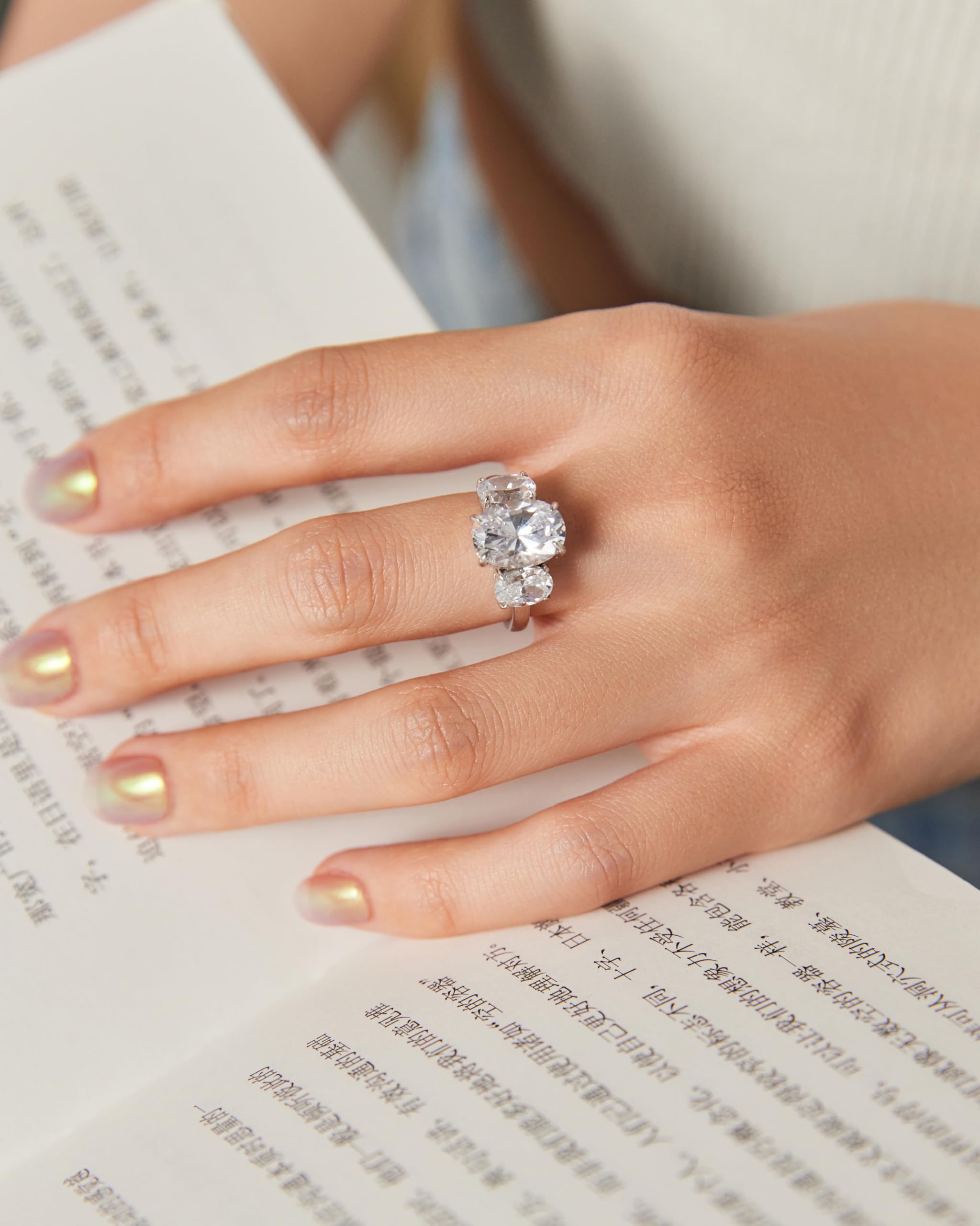 Michooyel Anillo de compromiso S925 de 5,6 quilates de corte ovalado con 3 piedras, anillo de compromiso de boda, anillo de boda de plata de ley para mujer