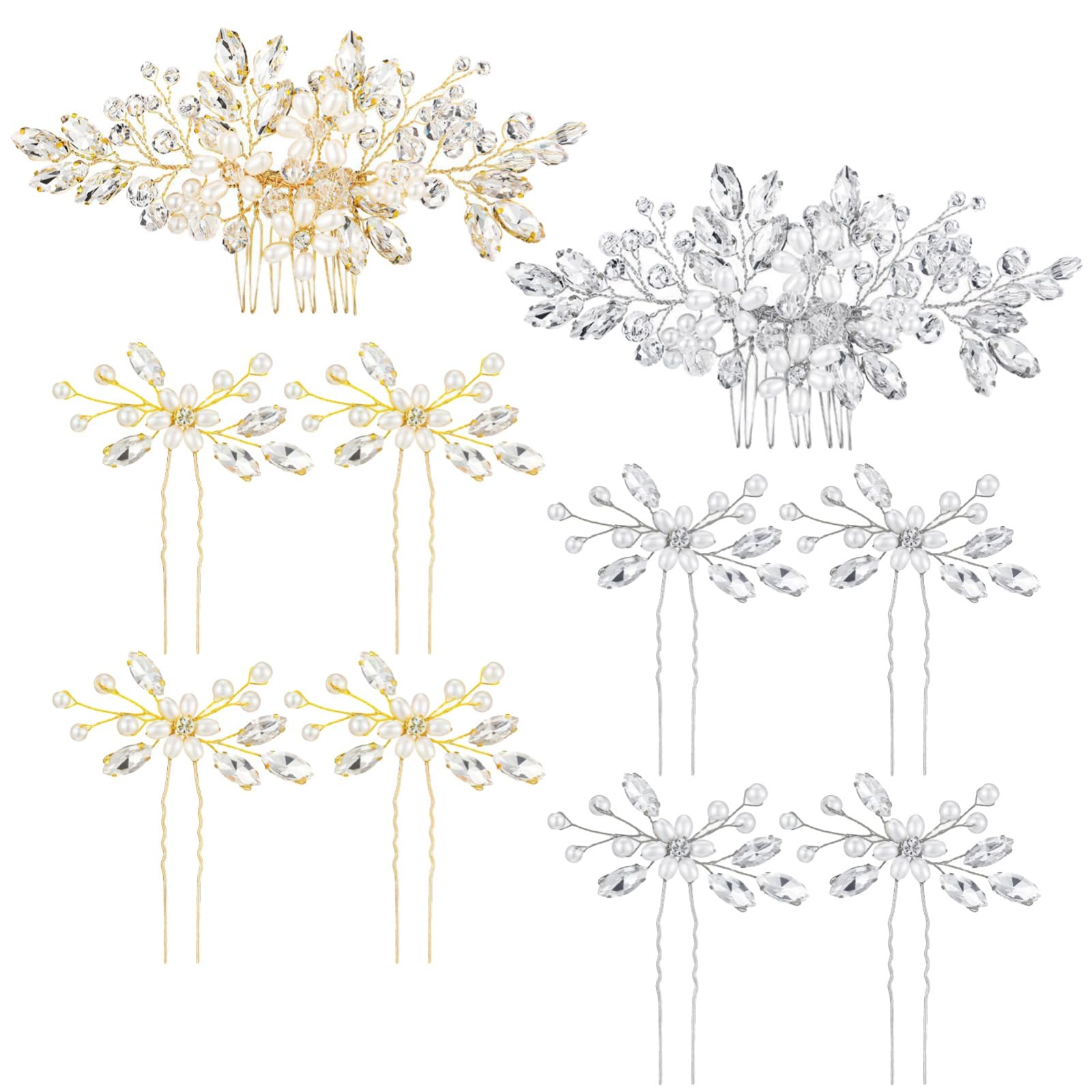 Lot de 10 peignes à cheveux de mariée, 5 dorés et 5 argentés pour mariage, set de pics cheveux perles et cristal pour mariées, accessoires cheveux raffinés pour mariage et cérémonie