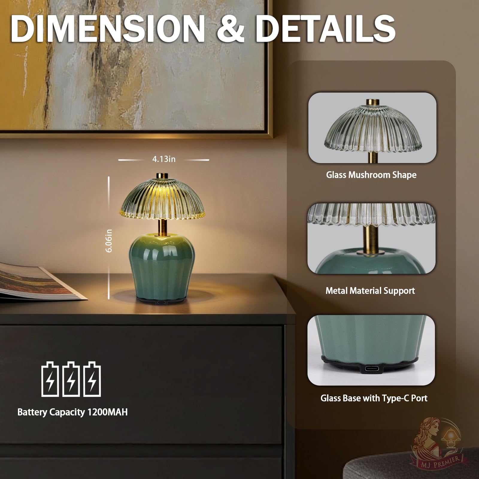 MJ PREMIER Lampada da tavolo ricaricabile, lampada senza fili con timer, mini paralume in vetro, piccole lampade da tavolo, luce LED decorativa per camera da letto, soggiorno, mensola (verde)